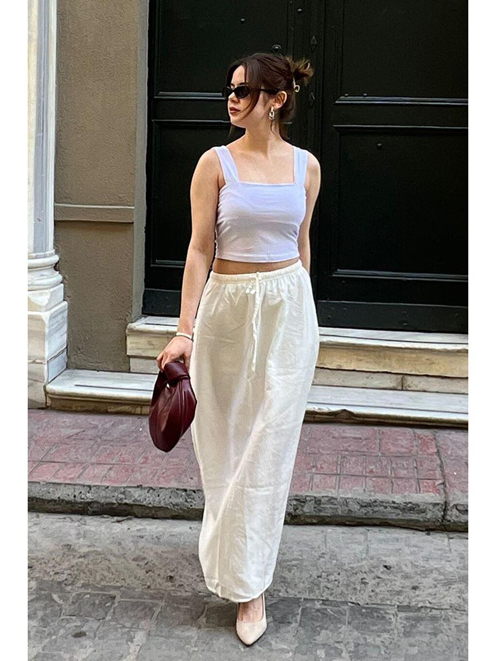 Beyaz Beli Lastikli Uzun Kadın Etek Mg1979-1