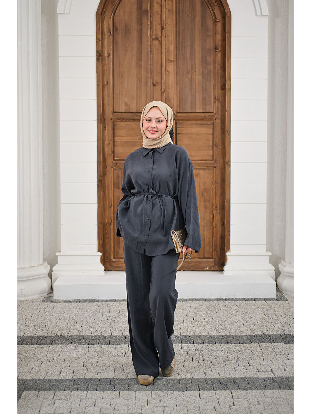 Kadın Gömlek Ve Bel Lastikli Bel Bağlamalı Takım Antrasit-3