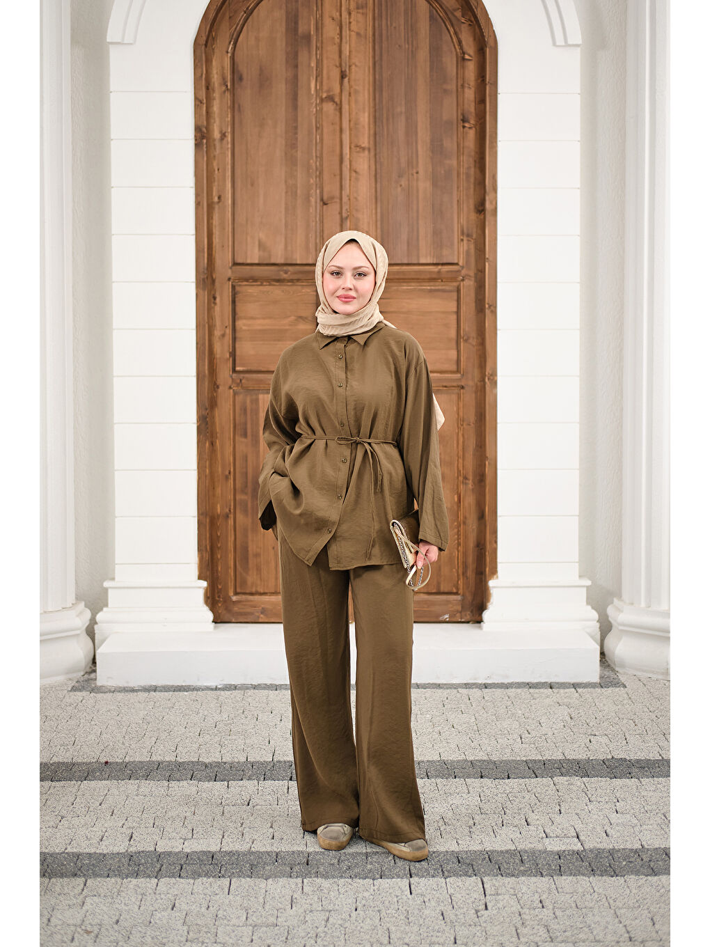 Kadın Gömlek Ve Bel Lastikli Bel Bağlamalı Takım Yağ Yeşil-1