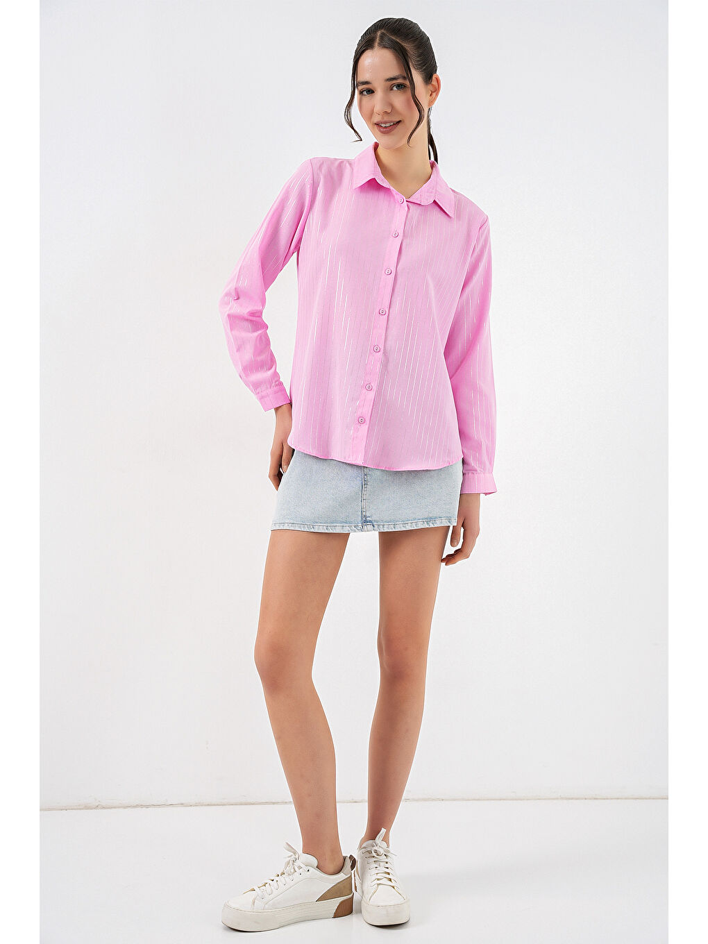 Kadın Varak Desenli Gömlek 20253 - Pembe-1