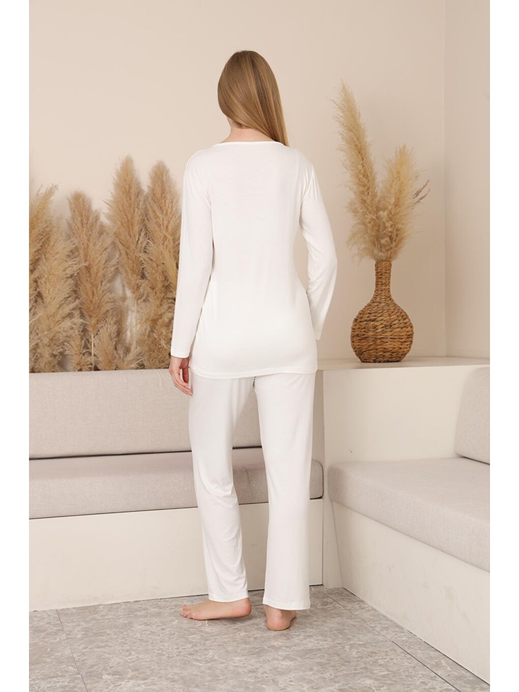 Bej Çizgili Sabahlıklı Emzirmeye Uygun Hamile ve Lohusa Pijama Takımı-7