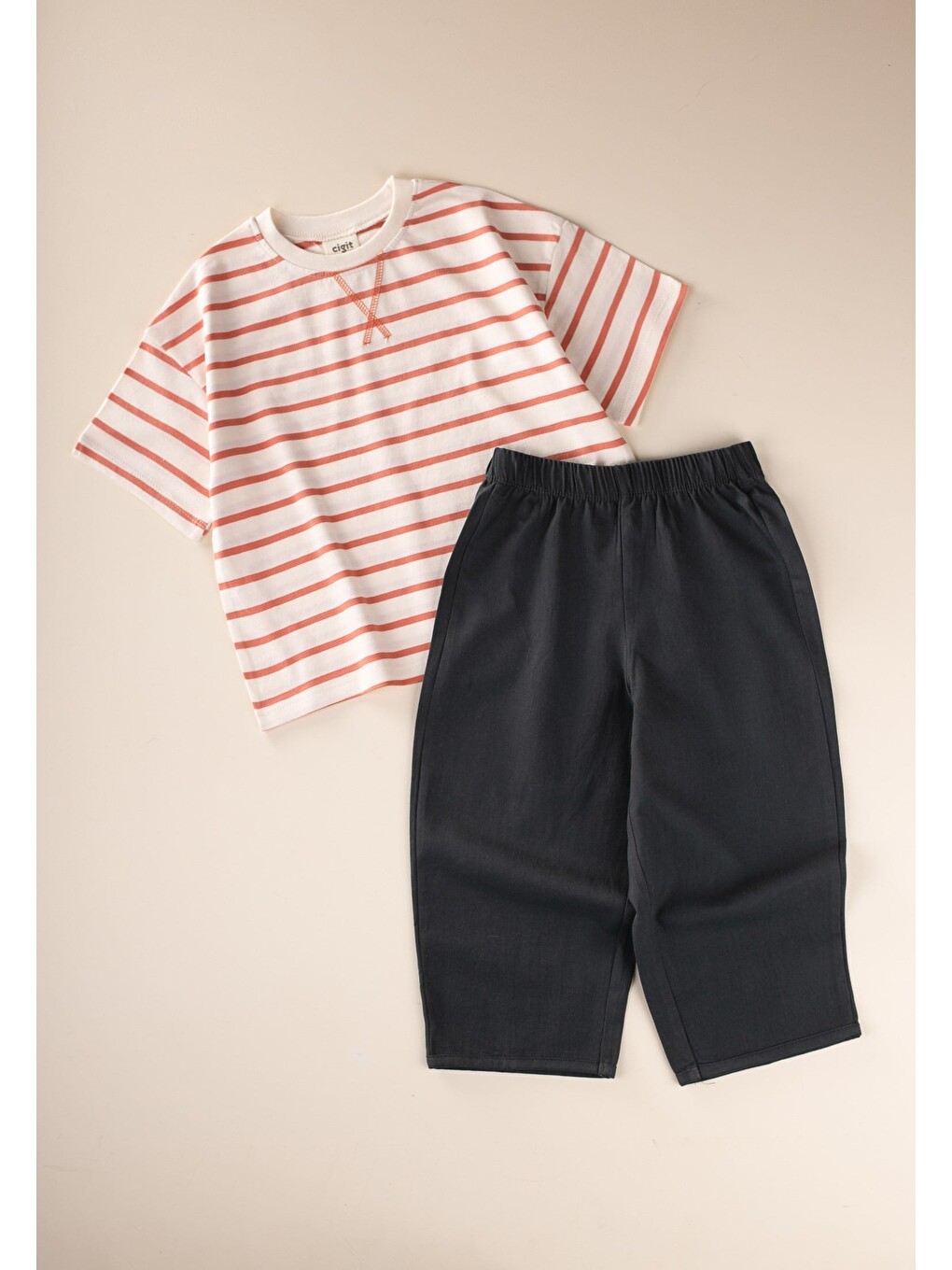 Oversize T-shirt Geniş Kesim Pantolon Takım 2-10 Yaş Turuncu Çizgili