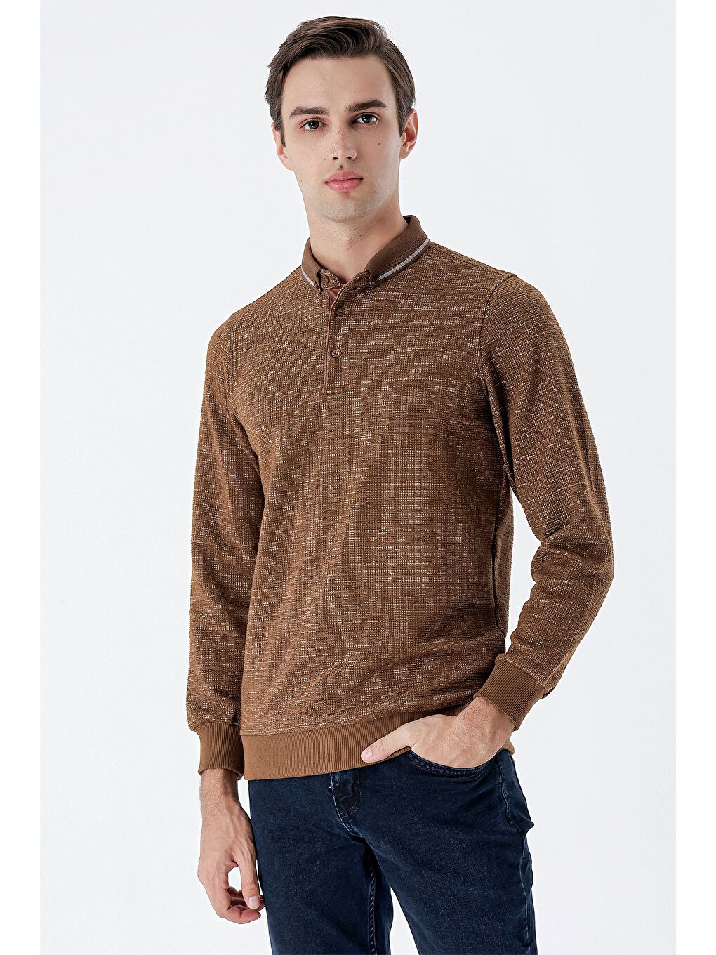 Kahverengi Koyu Camel Uzun Kollu Desenli Örme Polo Yaka   Elastanlı Casual Comfort Fit Sweatshirt 1013235106