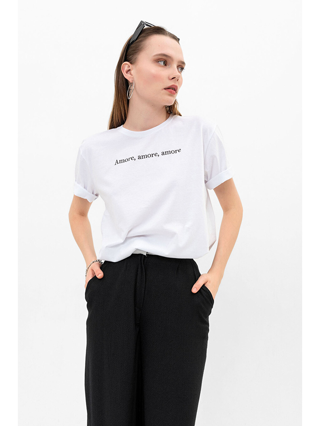 Beyaz Amor Baskılı Oversize %100 Pamuk Kadın Tişört-1