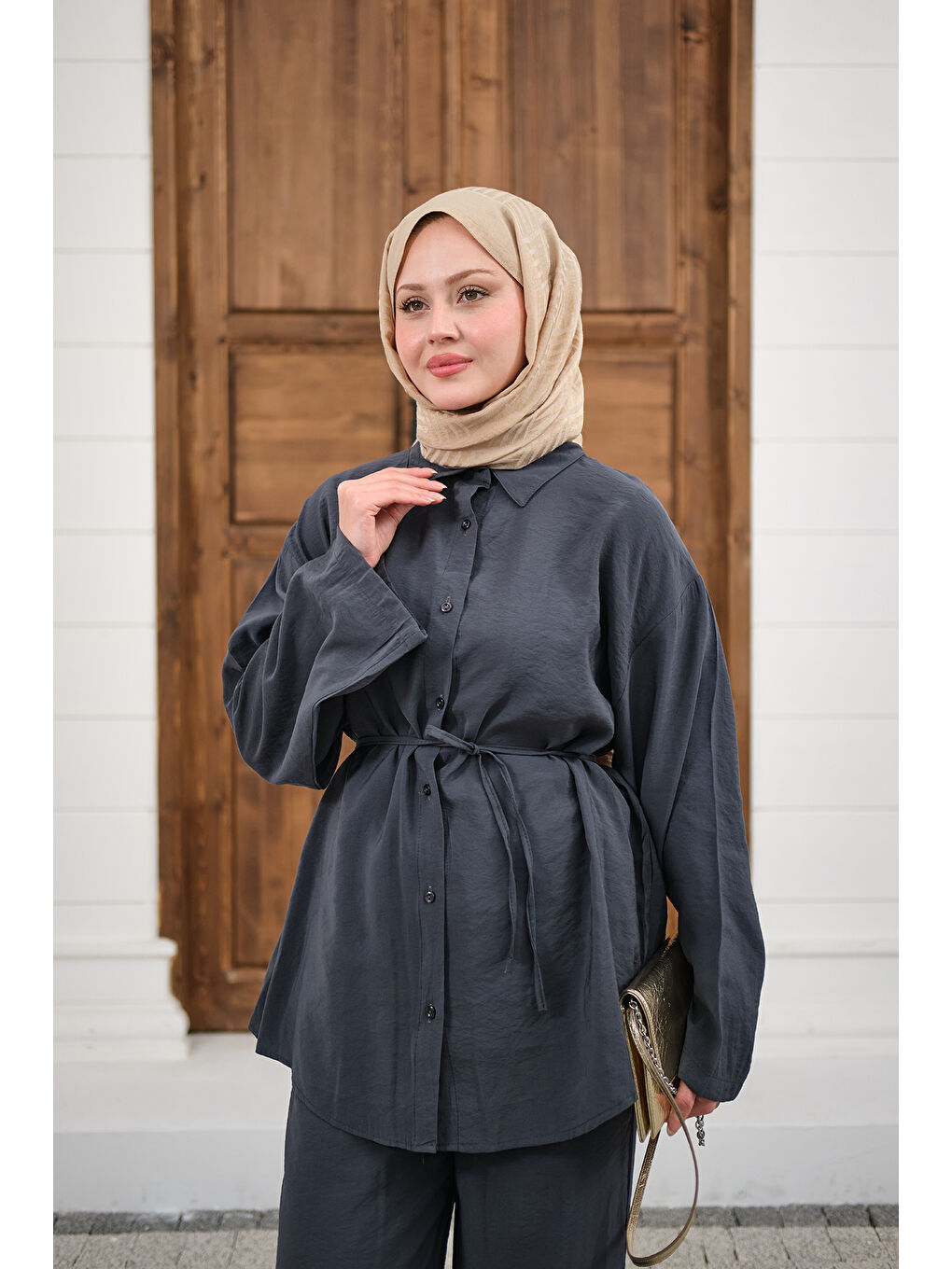 Kadın Gömlek Ve Bel Lastikli Bel Bağlamalı Takım Antrasit-4