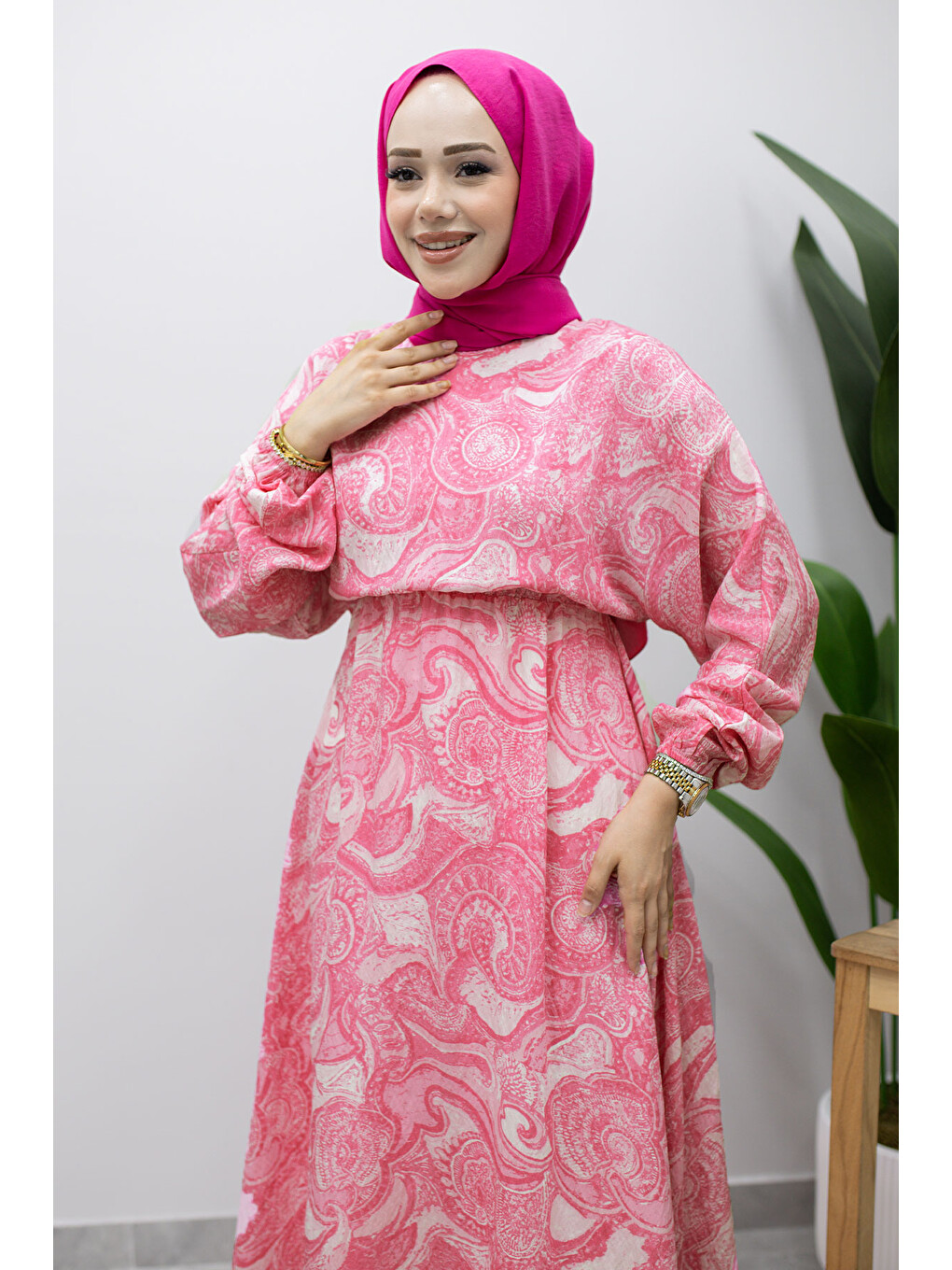 Karışık Desenli Beli Lastikli Elbise Tsd260244 Pembe-2