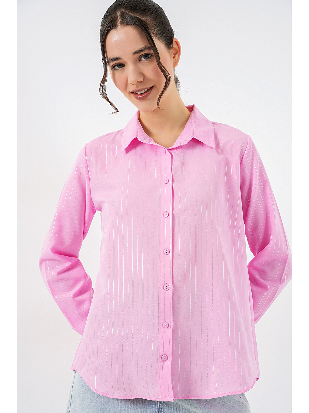 Kadın Varak Desenli Gömlek 20253 - Pembe-2