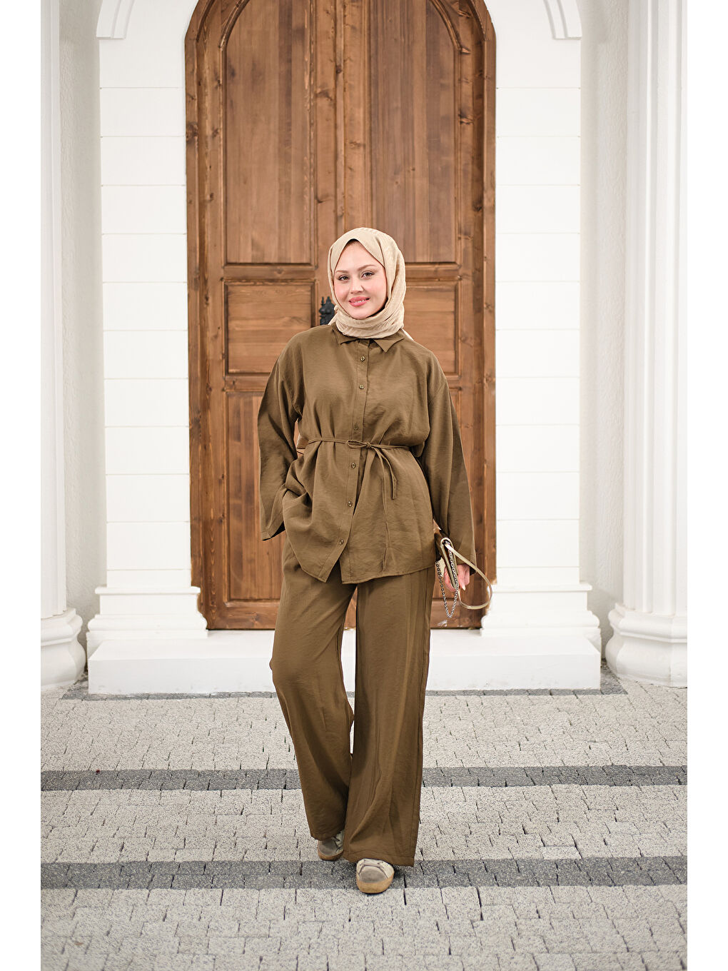 Kadın Gömlek Ve Bel Lastikli Bel Bağlamalı Takım Yağ Yeşil-2