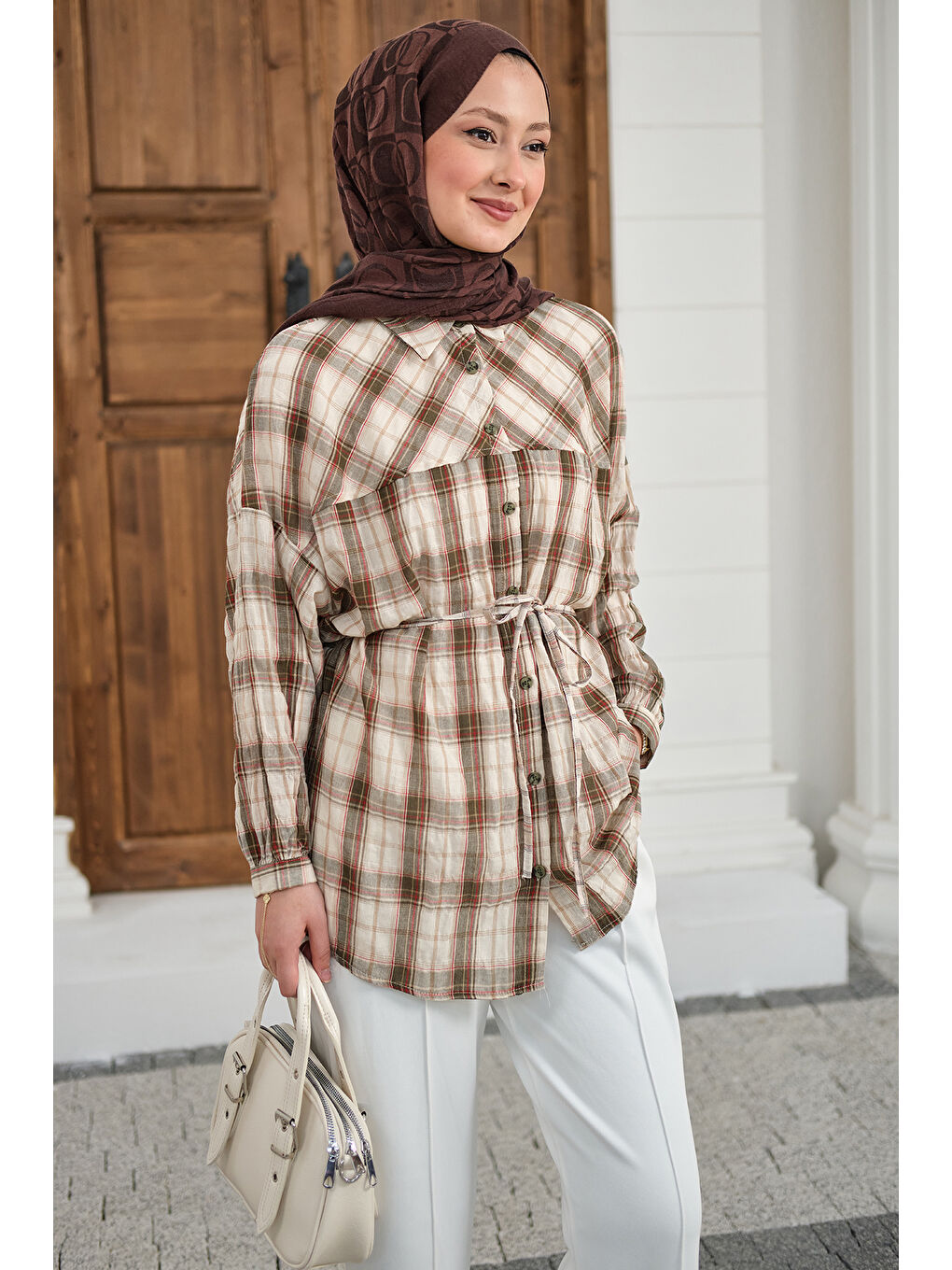Kadın Ekose Desen Bel Bağlamalı Gömlek Haki Yeşil-1