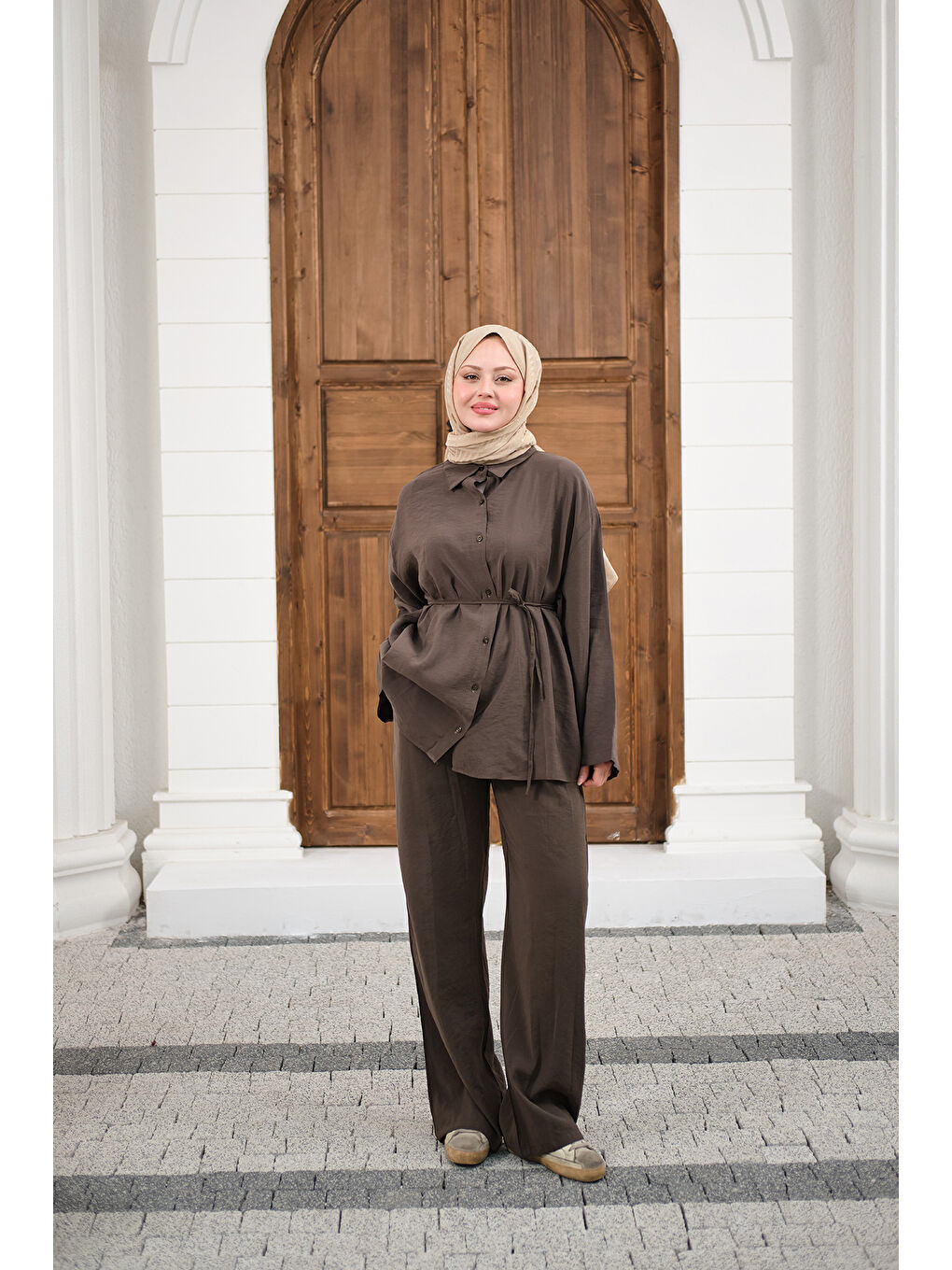 Kadın Gömlek Ve Bel Lastikli Bel Bağlamalı Takım Kahverengi-3