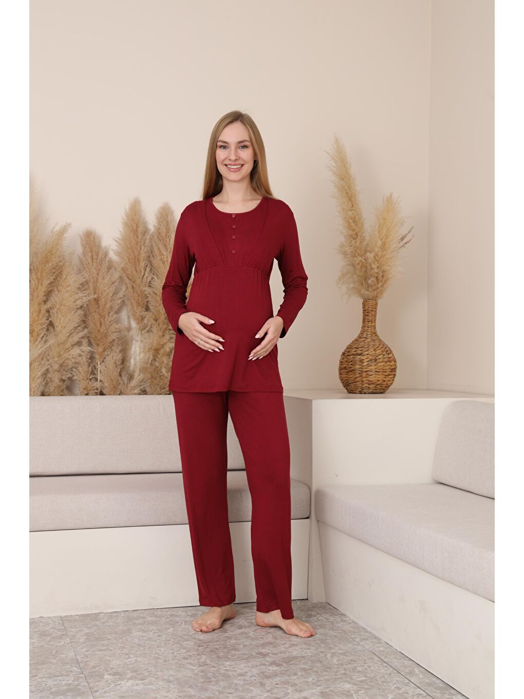 Bordo Çizgili Sabahlıklı Emzirmeye Uygun Hamile ve Lohusa Pijama Takımı