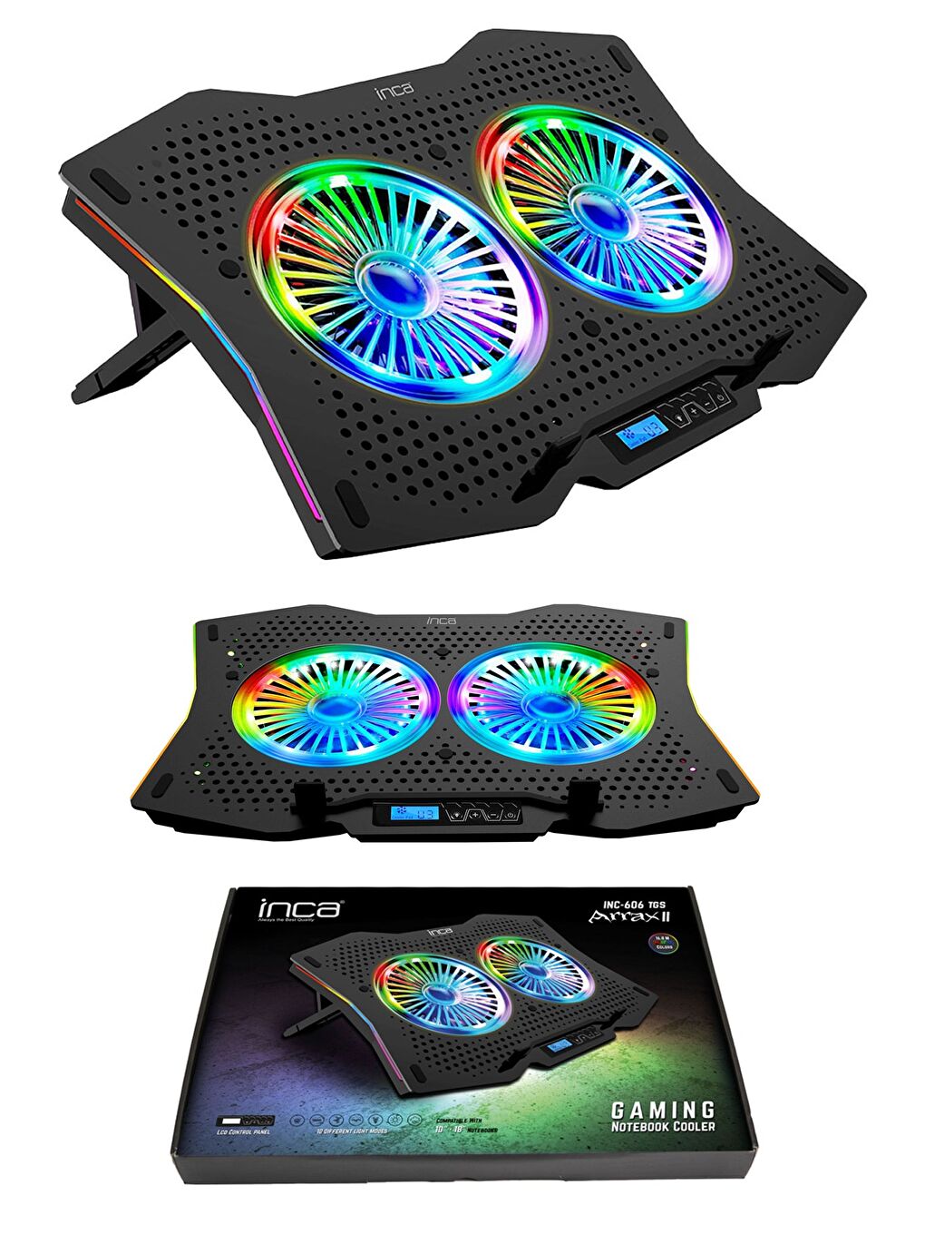 Siyah INC-607 Gms Arrax Iı 2x RGB Fan 10"-18" Gaming Notebook Soğutucu-1