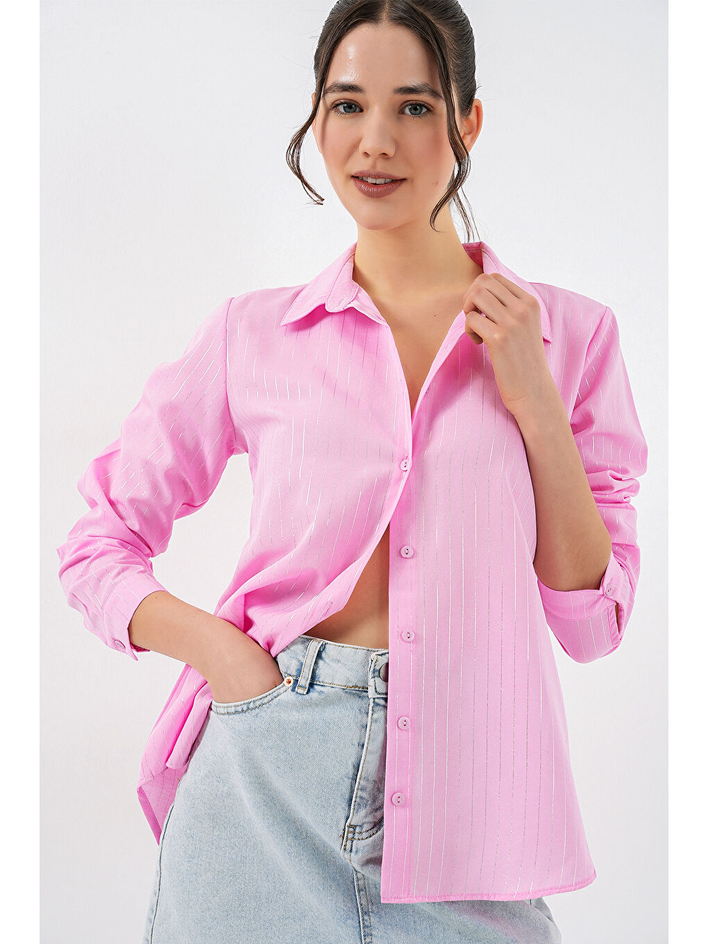 Kadın Varak Desenli Gömlek 20253 - Pembe-3