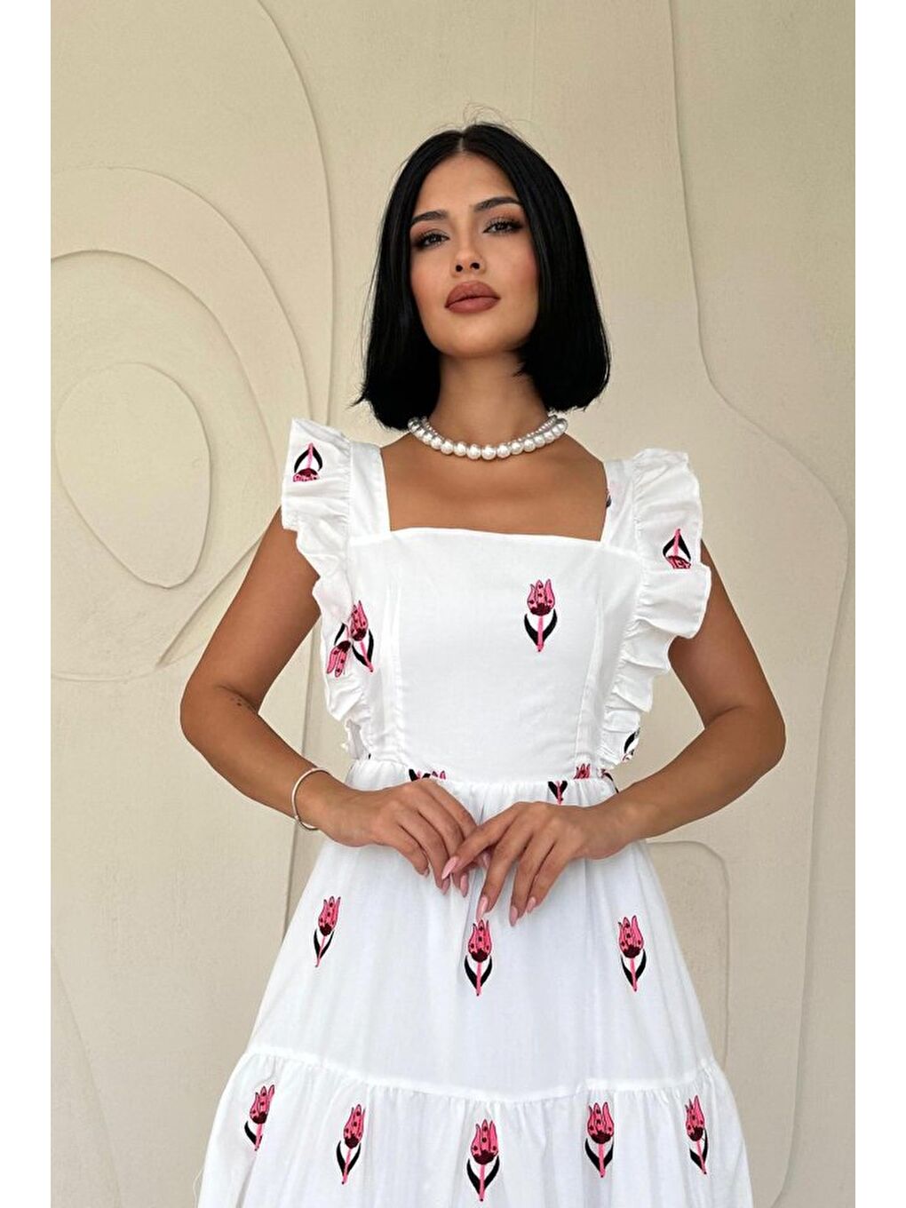 Fuşya Sıfır Kol Fırfırlı Elbise-1