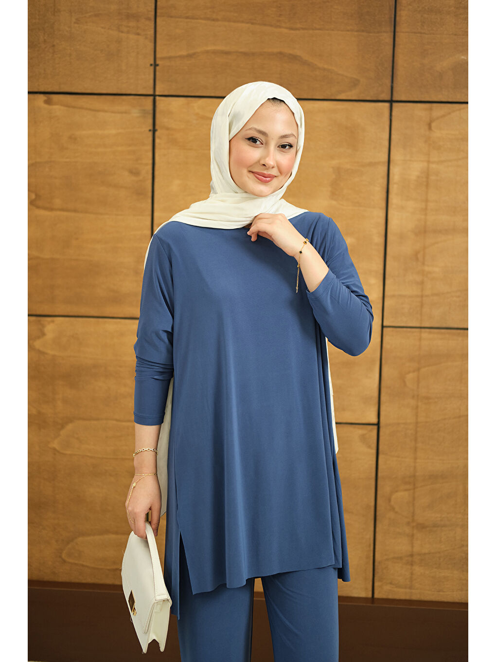 Kadın Yanları Yırtmaç Detay İkili Takım İndigo Mavi-1