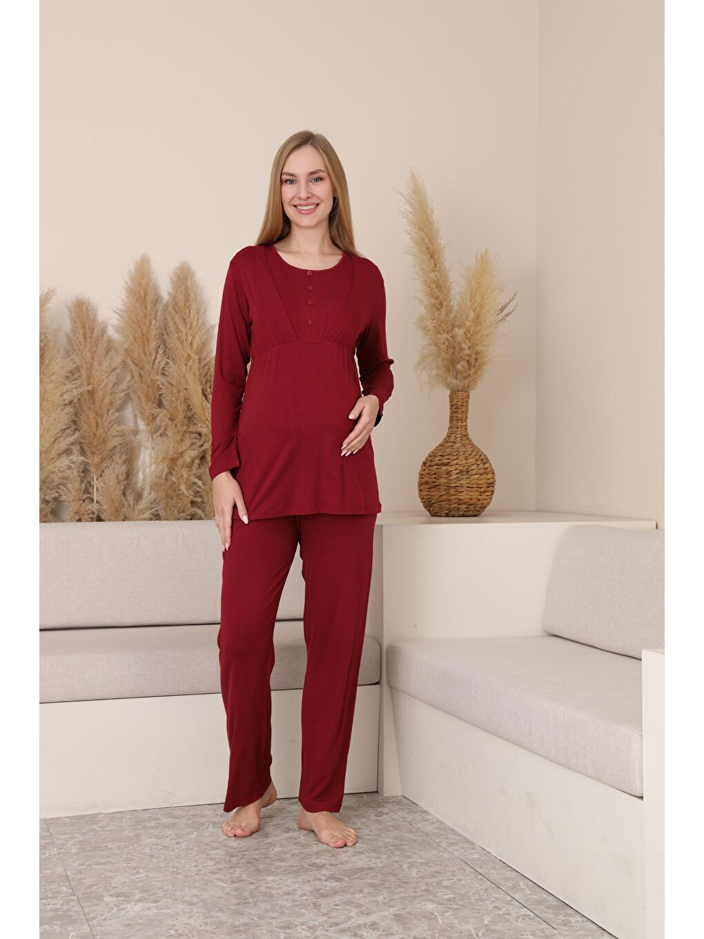 Bordo Çizgili Sabahlıklı Emzirmeye Uygun Hamile ve Lohusa Pijama Takımı-1