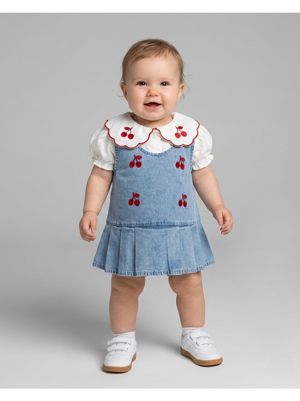 Mavi Kız Bebek Kiraz Nakışlı Jean Jile Elbise, Bebe Yakalı T-shirtlü Bayramlık 1-2-3 Yaş 2 Parçalı Takım-2