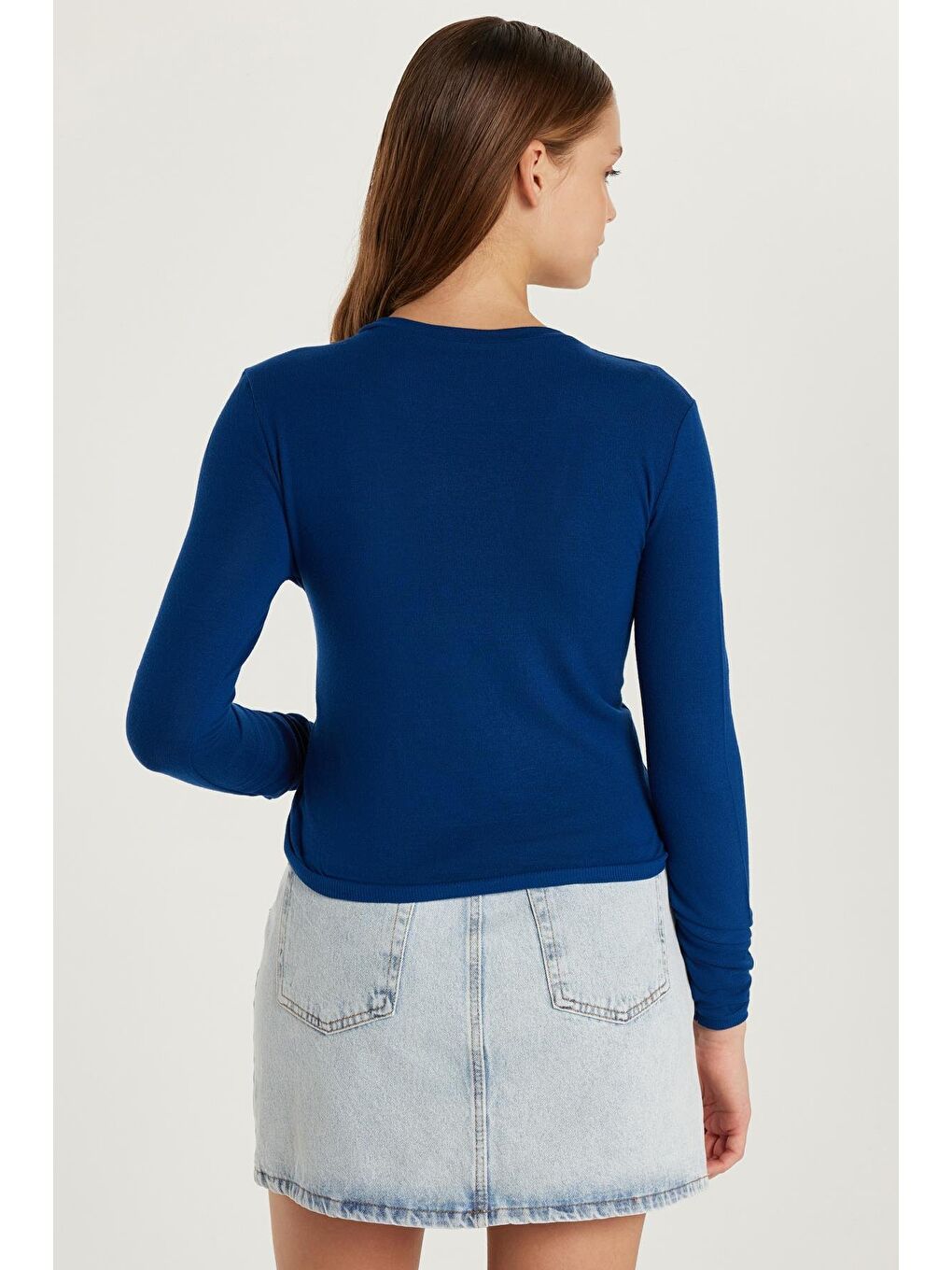 Kadın Slim Fit Dar Kesim Bağlamalı Uzun Kollu V Yaka Lacivert Hırka-3