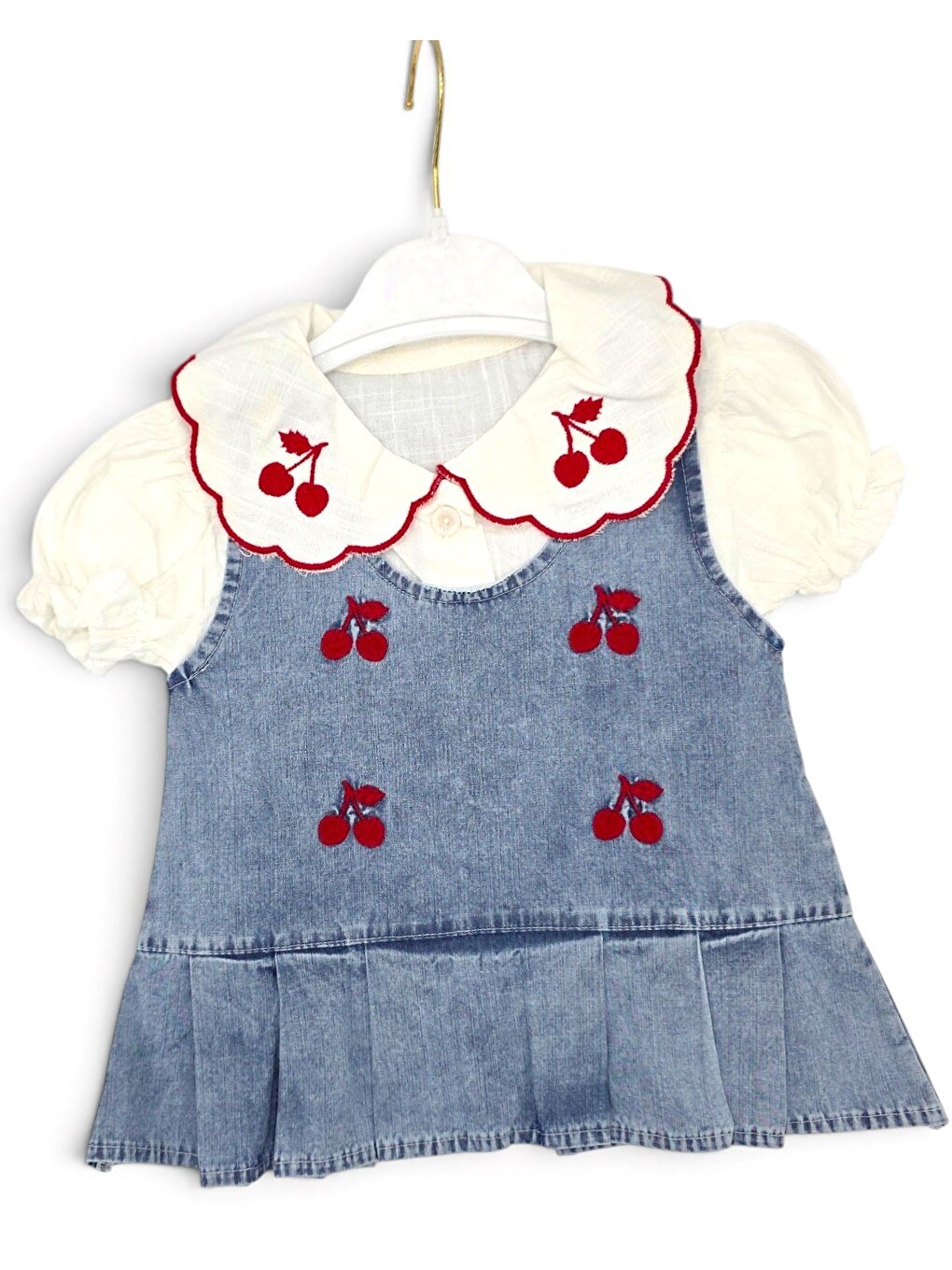 Mavi Kız Bebek Kiraz Nakışlı Jean Jile Elbise, Bebe Yakalı T-shirtlü Bayramlık 1-2-3 Yaş 2 Parçalı Takım-3