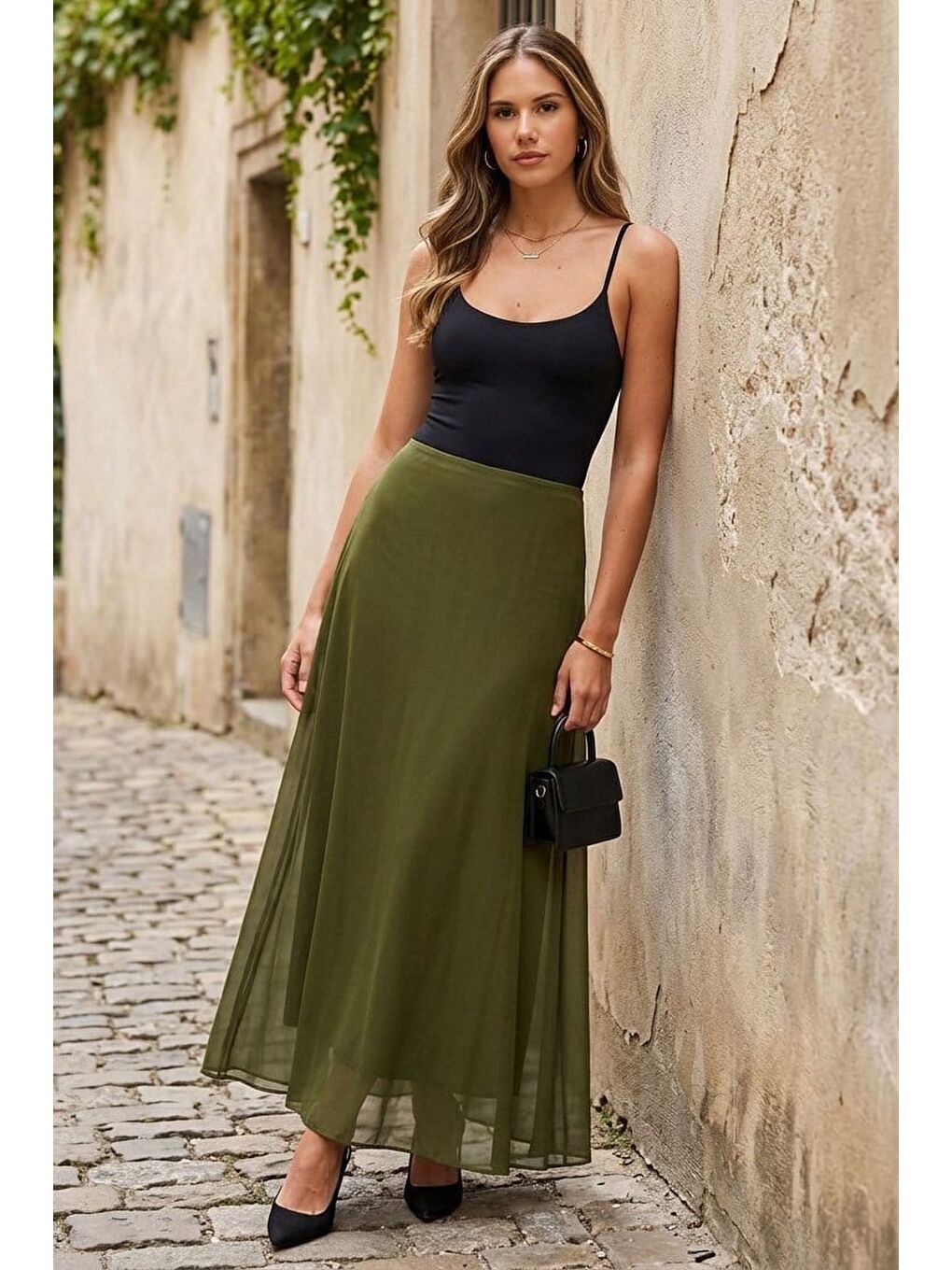 Yeşil Tül Katmanlı Kadın Etek Mg2708