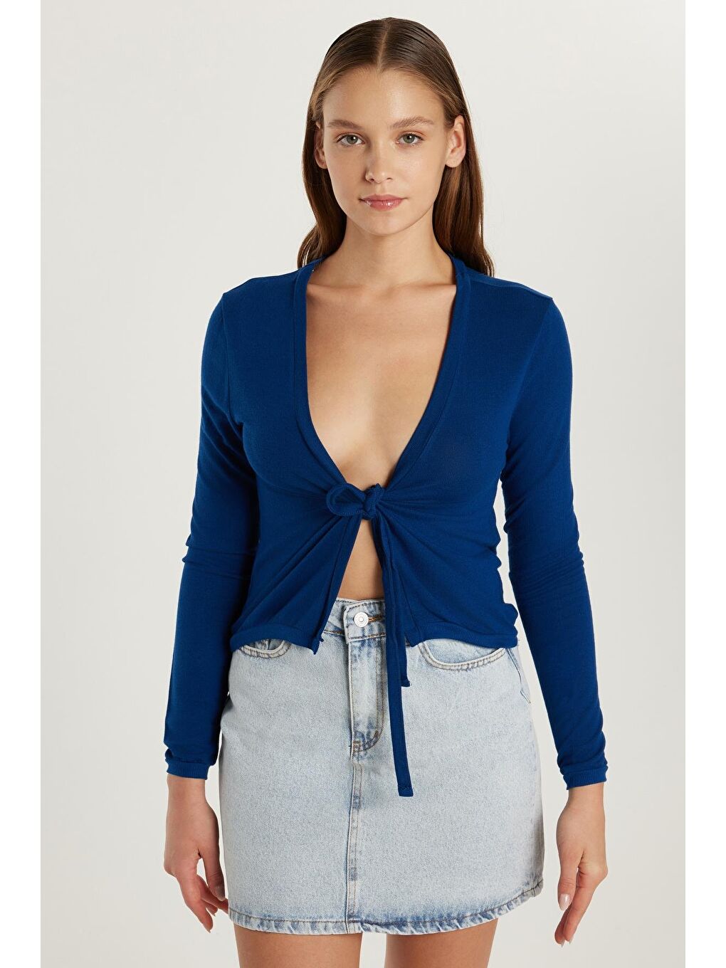 Kadın Slim Fit Dar Kesim Bağlamalı Uzun Kollu V Yaka Lacivert Hırka-4