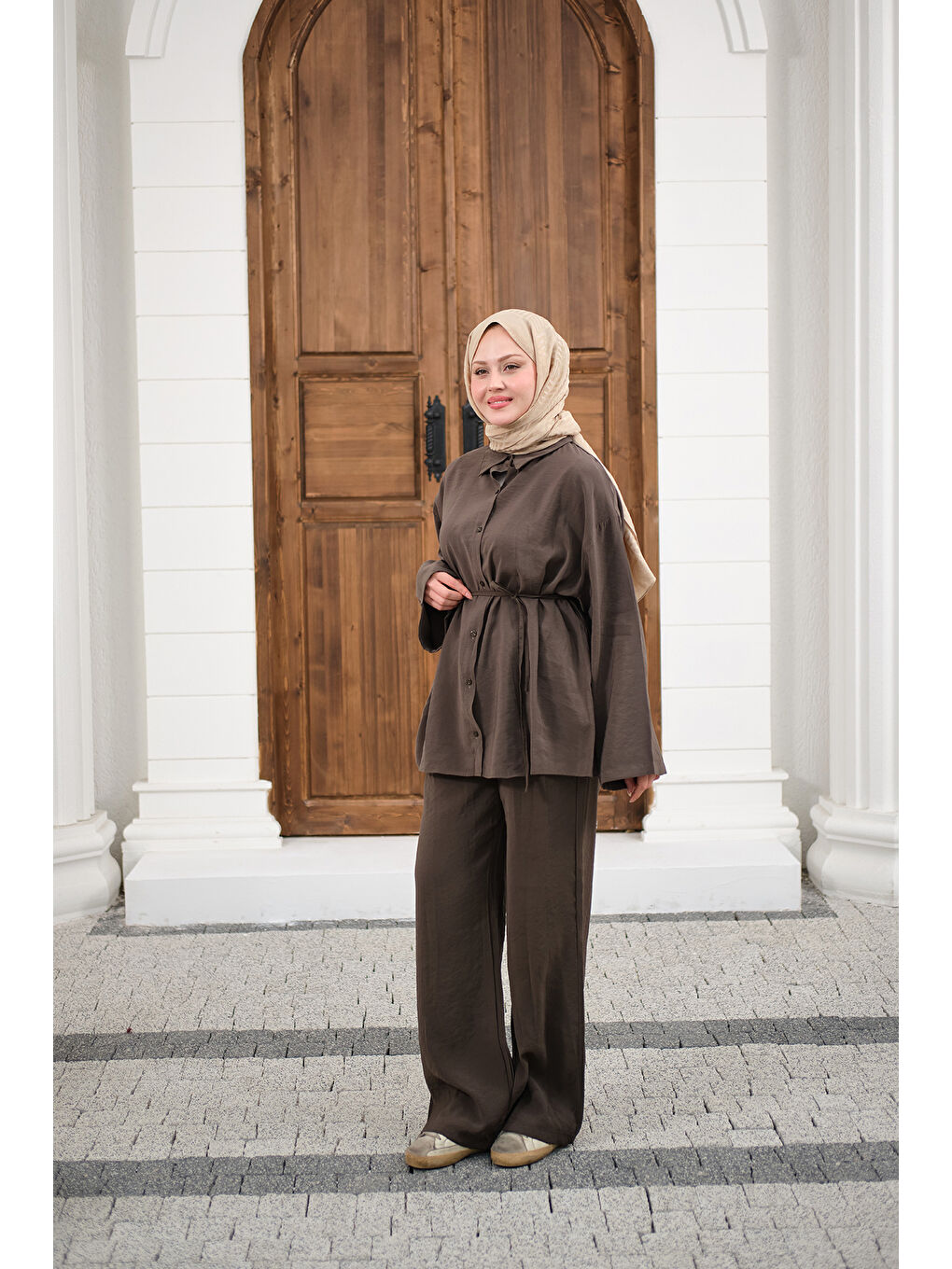 Kadın Gömlek Ve Bel Lastikli Bel Bağlamalı Takım Kahverengi-4