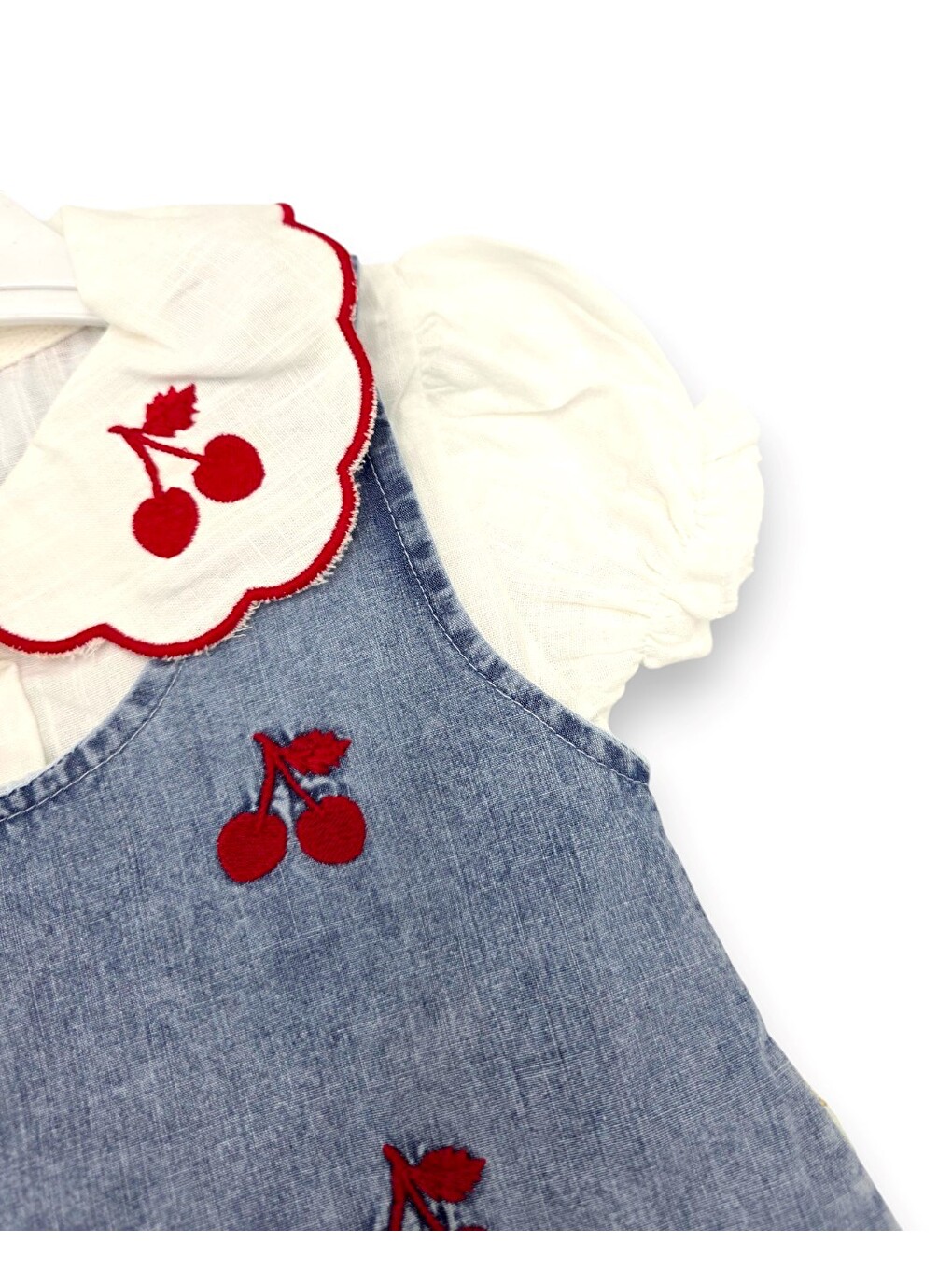 Mavi Kız Bebek Kiraz Nakışlı Jean Jile Elbise, Bebe Yakalı T-shirtlü Bayramlık 1-2-3 Yaş 2 Parçalı Takım-5