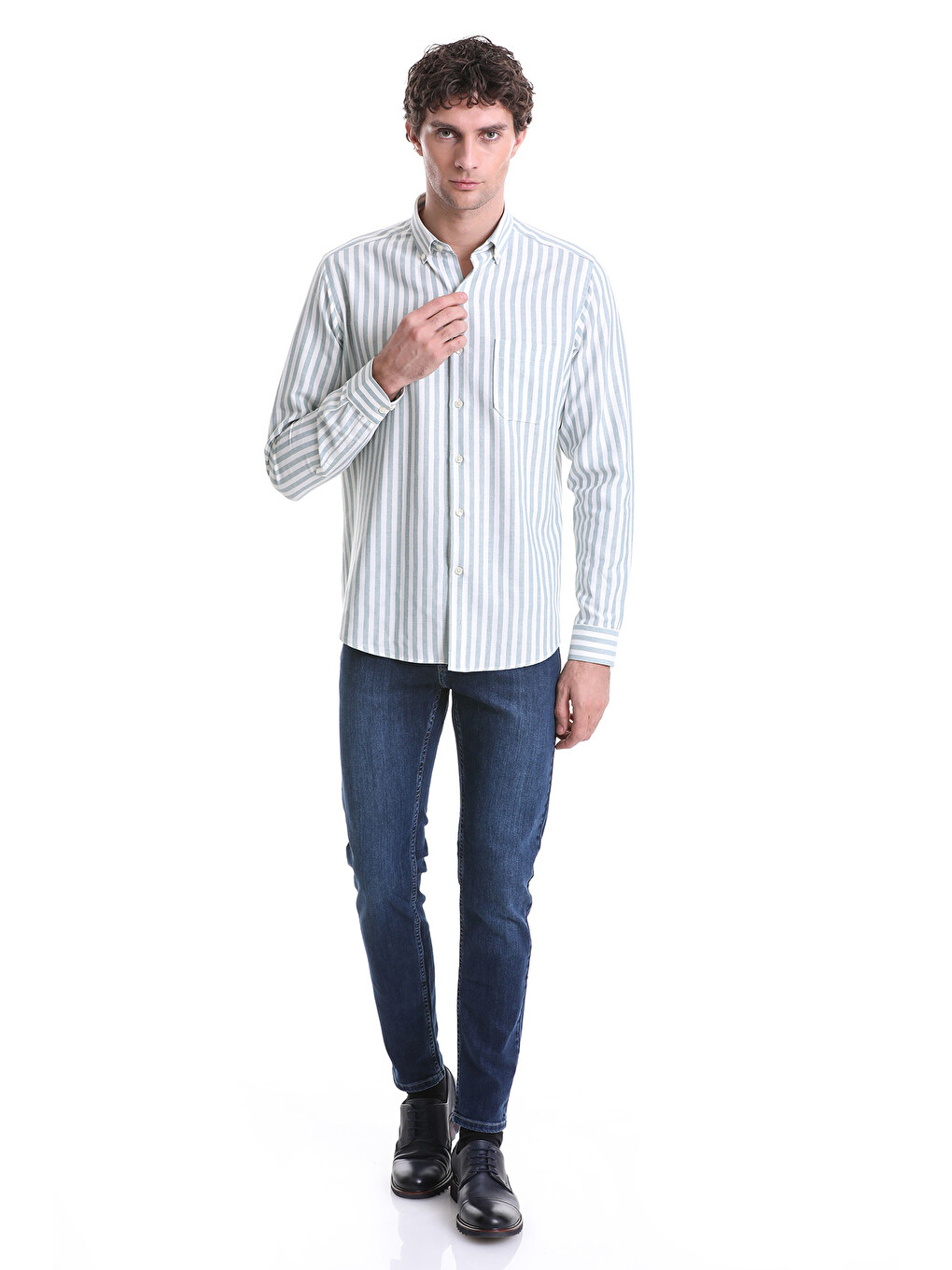 Yeşil Slim Fit Çizgili Dik Yaka Pamuklu Uzun Kollu Casual Gömlek-1