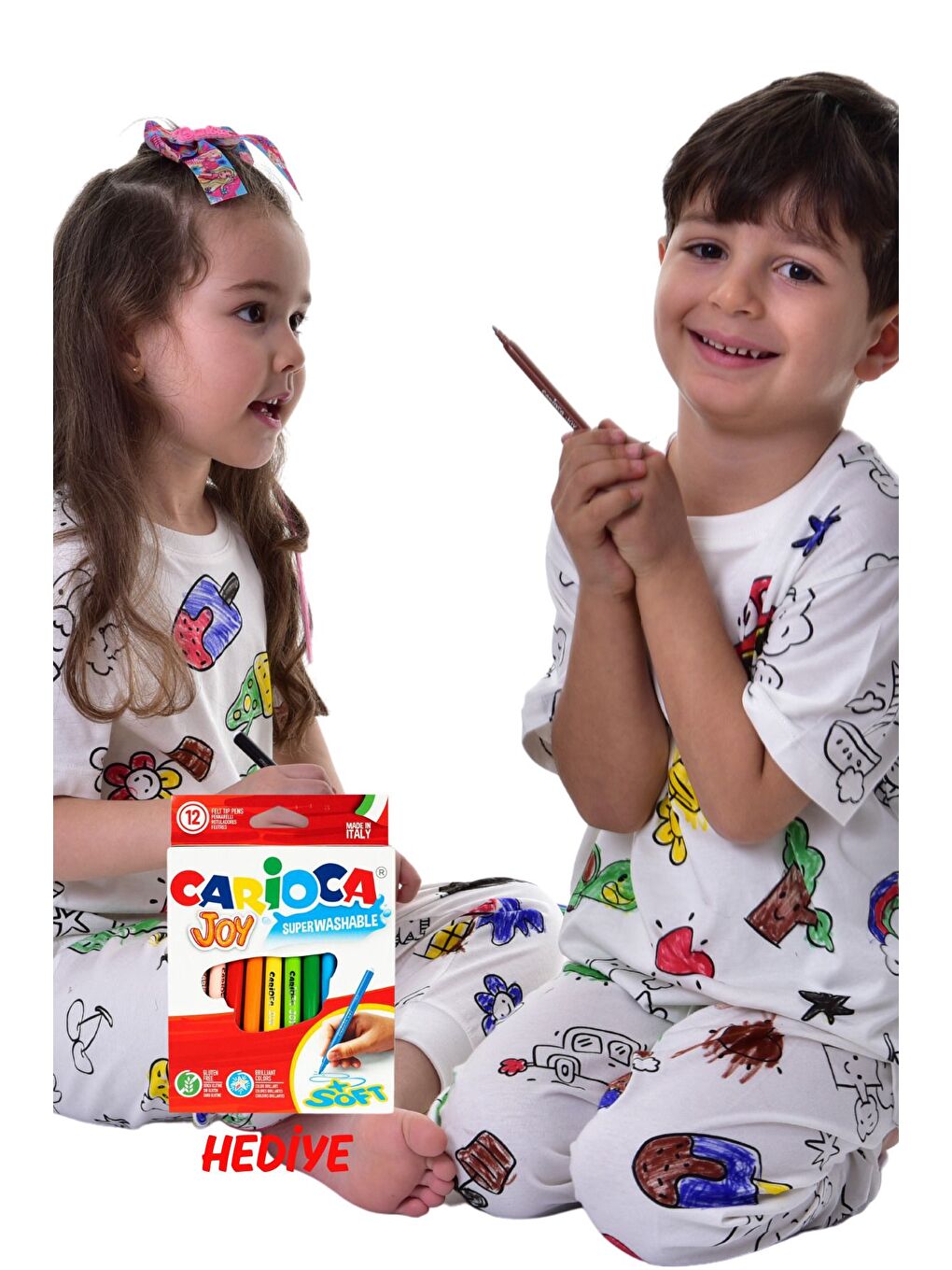 Beyaz En Sevimli Figürler Özel Kalemi ile BOYANABİLİR Çocuk Pijama Takımı ( 12'li Kalem Seti Hediye )-1