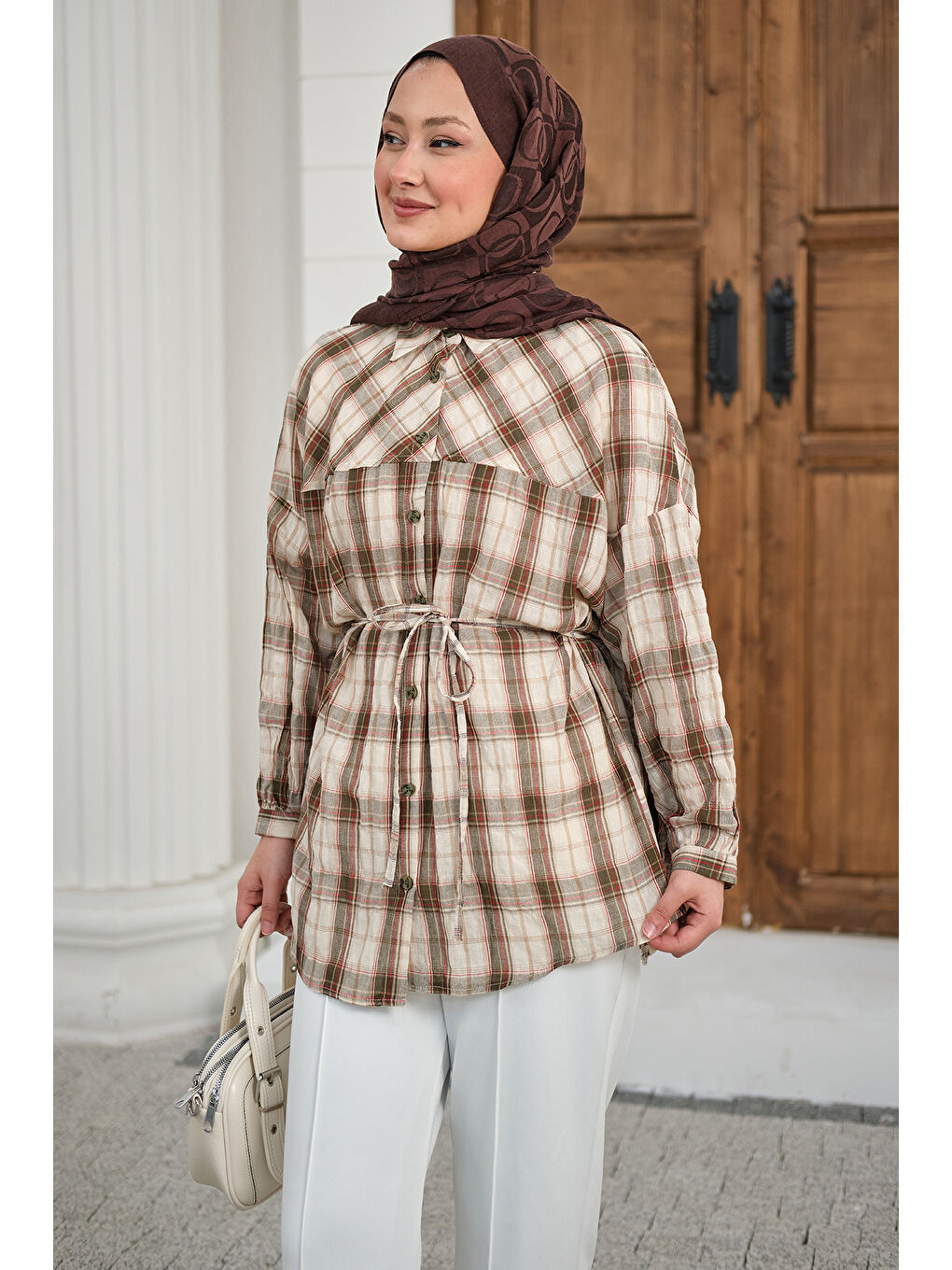 Kadın Ekose Desen Bel Bağlamalı Gömlek Haki Yeşil-2
