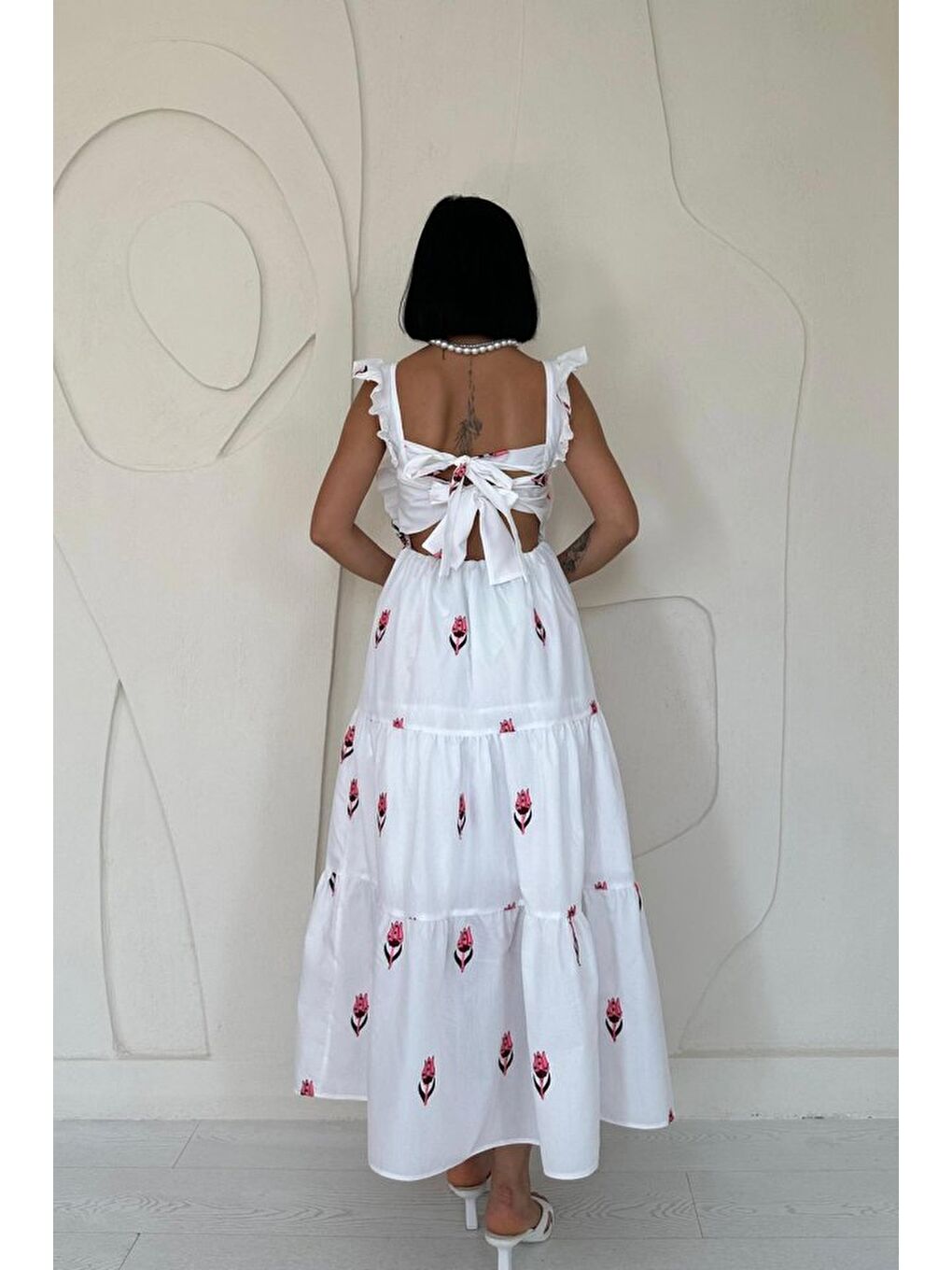 Fuşya Sıfır Kol Fırfırlı Elbise-2