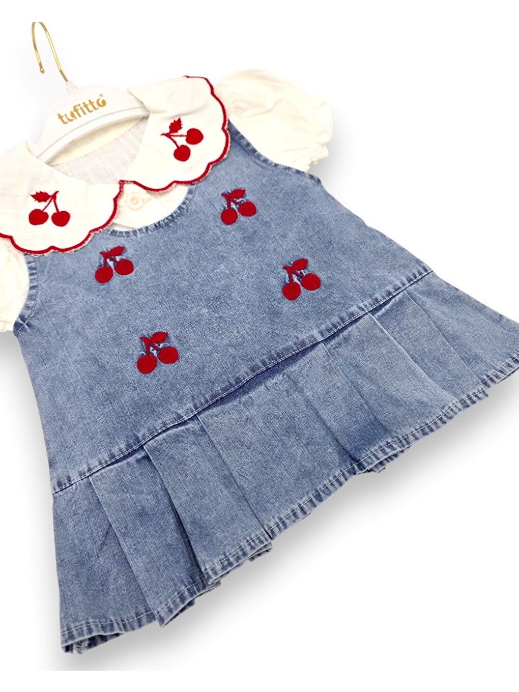 Mavi Kız Bebek Kiraz Nakışlı Jean Jile Elbise, Bebe Yakalı T-shirtlü Bayramlık 1-2-3 Yaş 2 Parçalı Takım-6