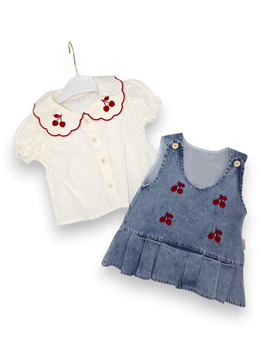 Mavi Kız Bebek Kiraz Nakışlı Jean Jile Elbise, Bebe Yakalı T-shirtlü Bayramlık 1-2-3 Yaş 2 Parçalı Takım-7