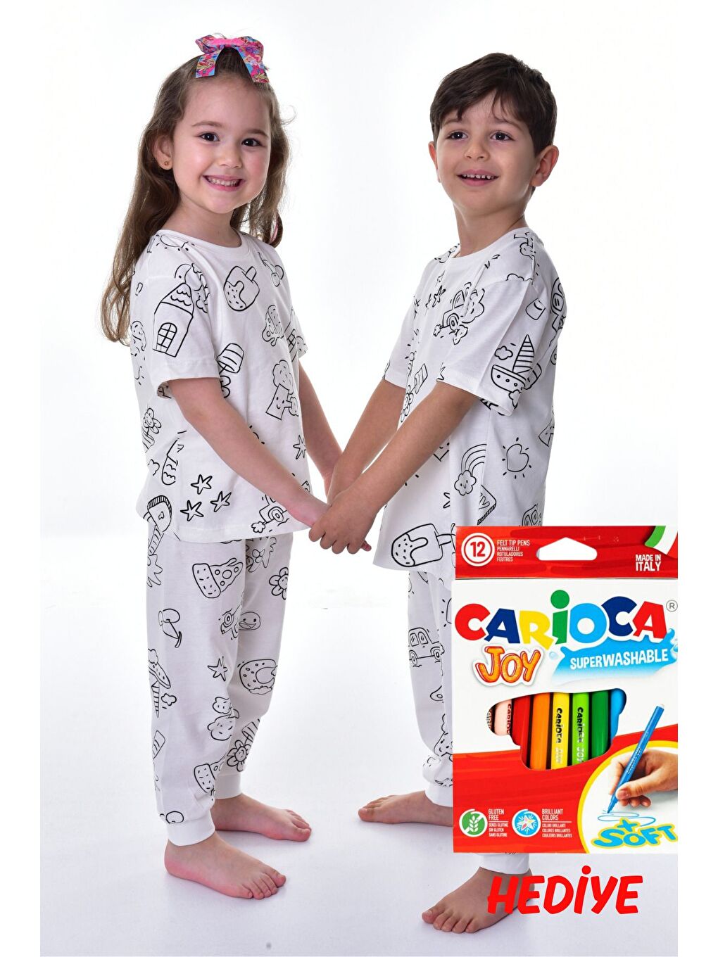Beyaz En Sevimli Figürler Özel Kalemi ile BOYANABİLİR Çocuk Pijama Takımı ( 12'li Kalem Seti Hediye )-2