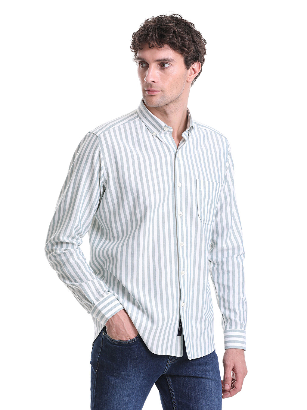 Yeşil Slim Fit Çizgili Dik Yaka Pamuklu Uzun Kollu Casual Gömlek-2