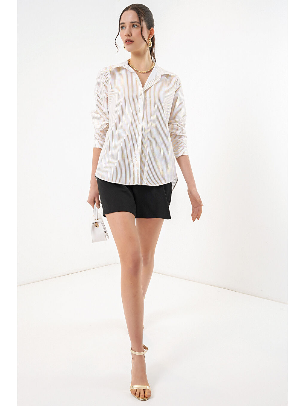 Sarı Kadın Varak Desenli Gömlek 20253 - Altın-1