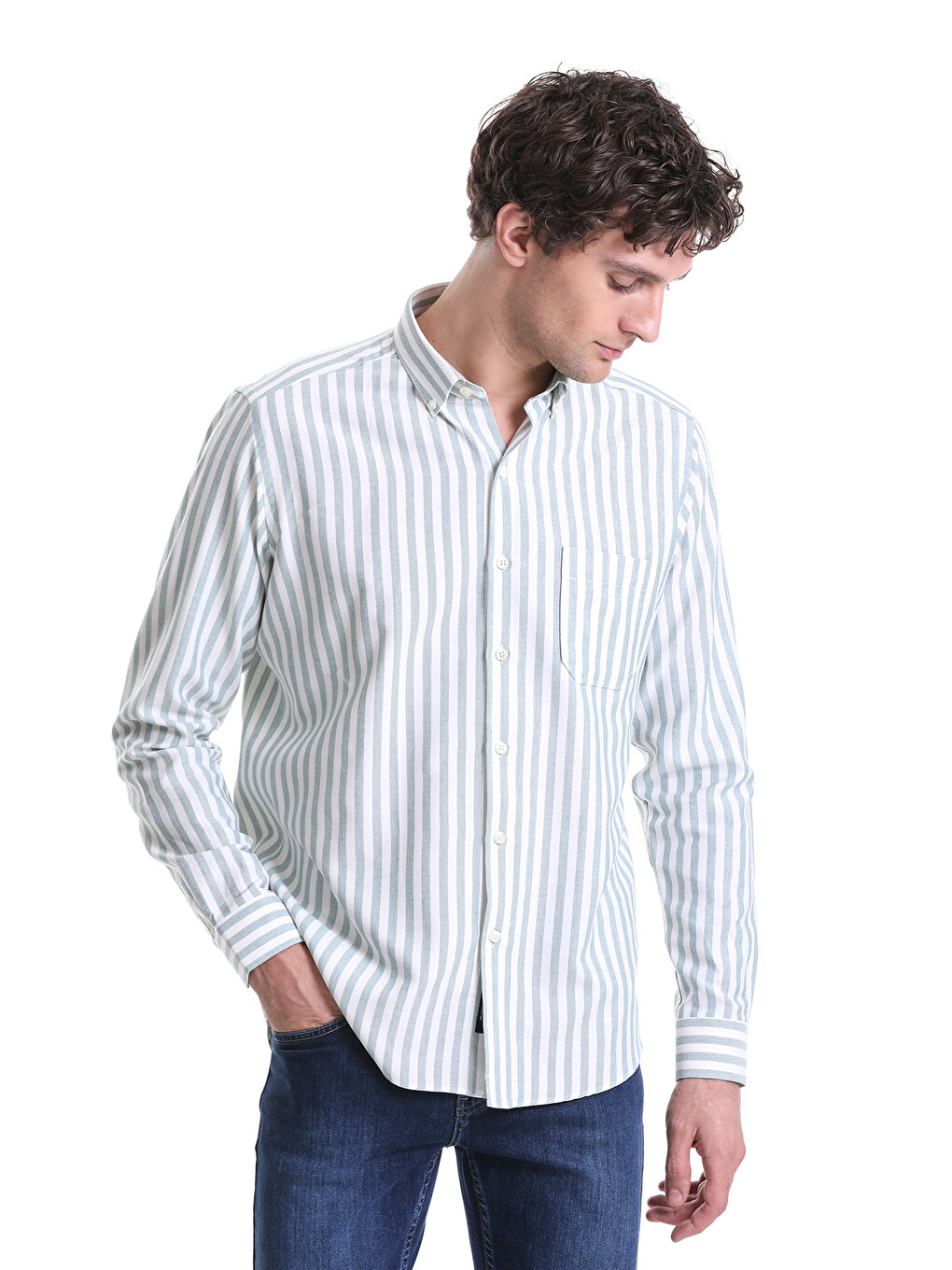 Yeşil Slim Fit Çizgili Dik Yaka Pamuklu Uzun Kollu Casual Gömlek-3