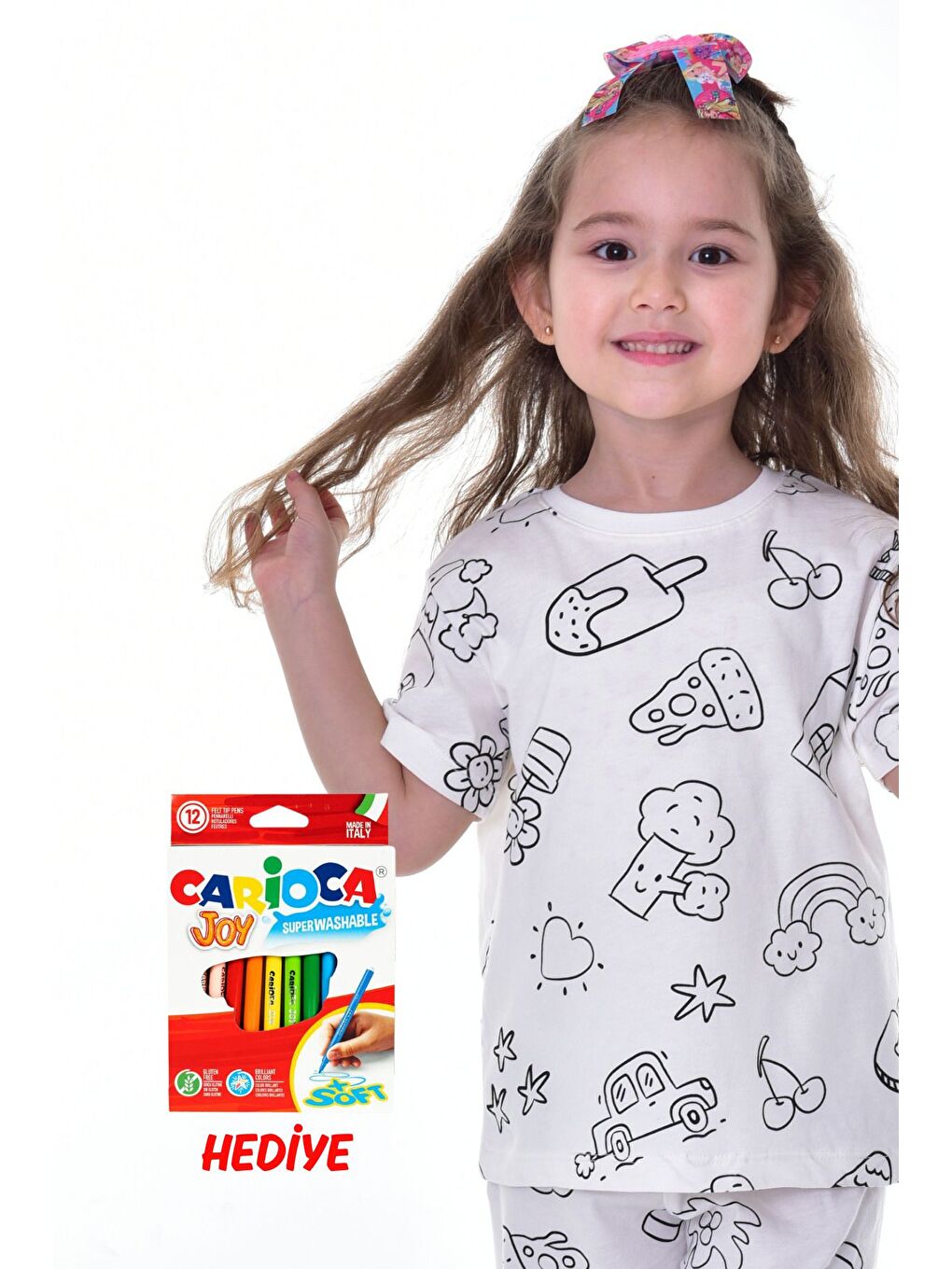 Beyaz En Sevimli Figürler Özel Kalemi ile BOYANABİLİR Çocuk Pijama Takımı ( 12'li Kalem Seti Hediye )-3