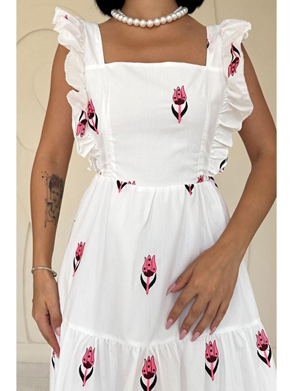 Fuşya Sıfır Kol Fırfırlı Elbise-3