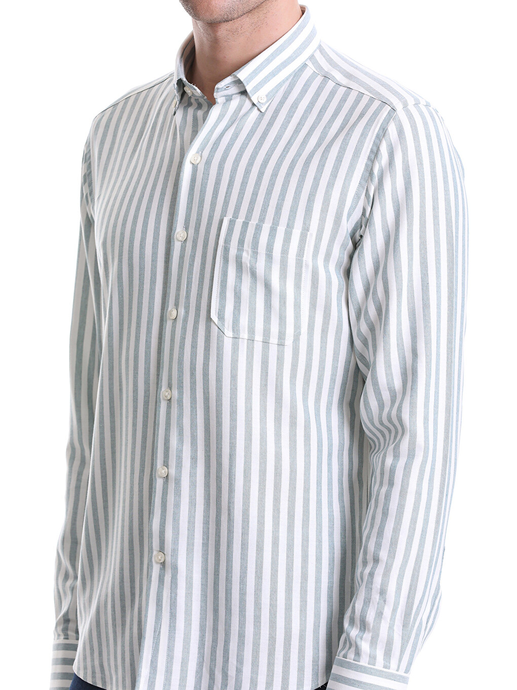 Yeşil Slim Fit Çizgili Dik Yaka Pamuklu Uzun Kollu Casual Gömlek-4