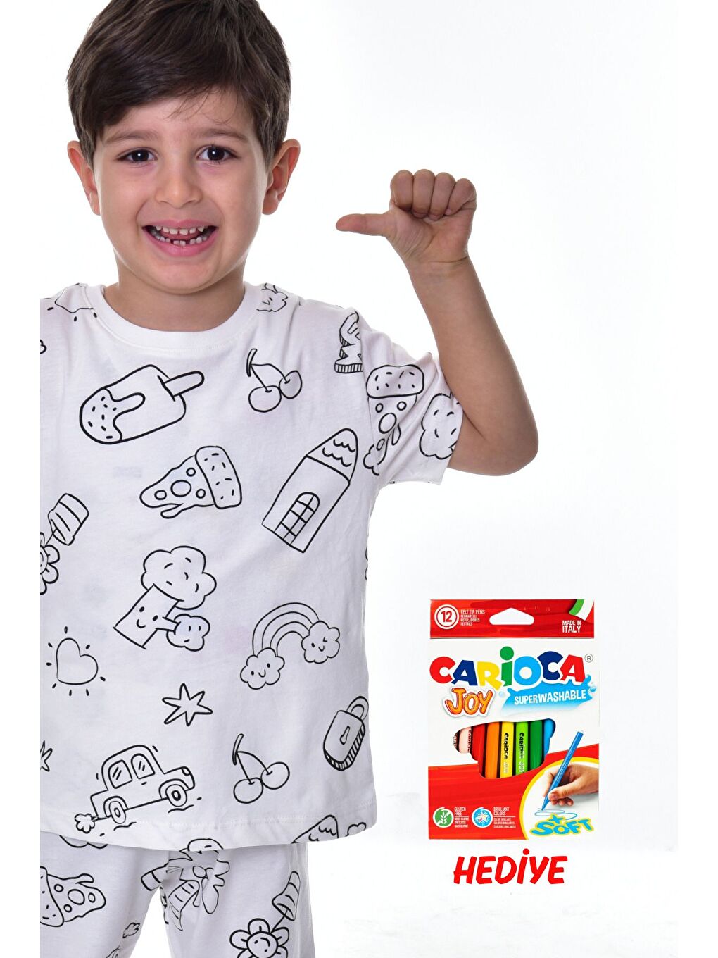 Beyaz En Sevimli Figürler Özel Kalemi ile BOYANABİLİR Çocuk Pijama Takımı ( 12'li Kalem Seti Hediye )-4