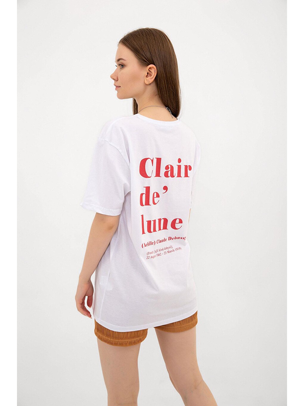 Beyaz Sırtı Clair de Lune Grafik Baskılı Oversize %100 Pamuk Kadın Tişört-4