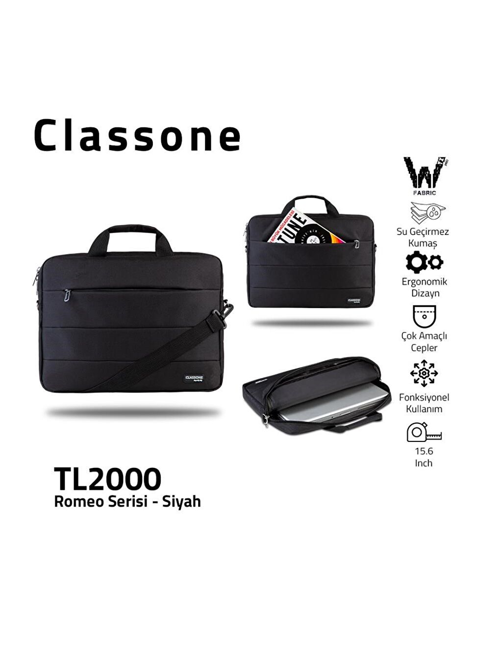 Classone Siyah TL2000 Su Geçirmez 15.6 inch Laptop Notebook Çantası+Kablosuz Mouse - 1