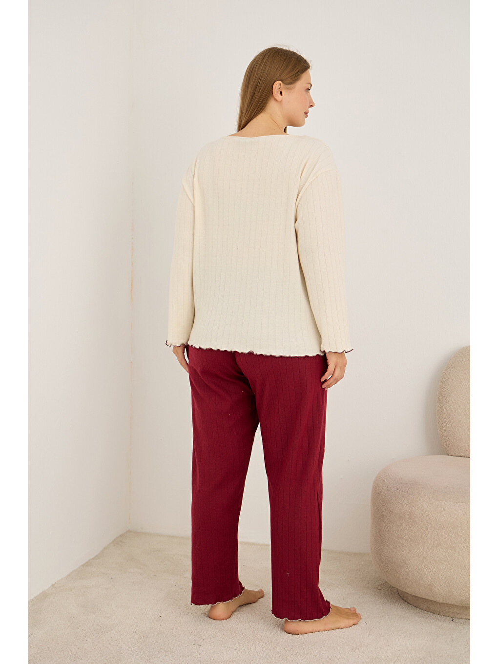 Bordo Kalp Nakışlı Büyük Beden Örme İnterlok Pijama Takım25228002-3