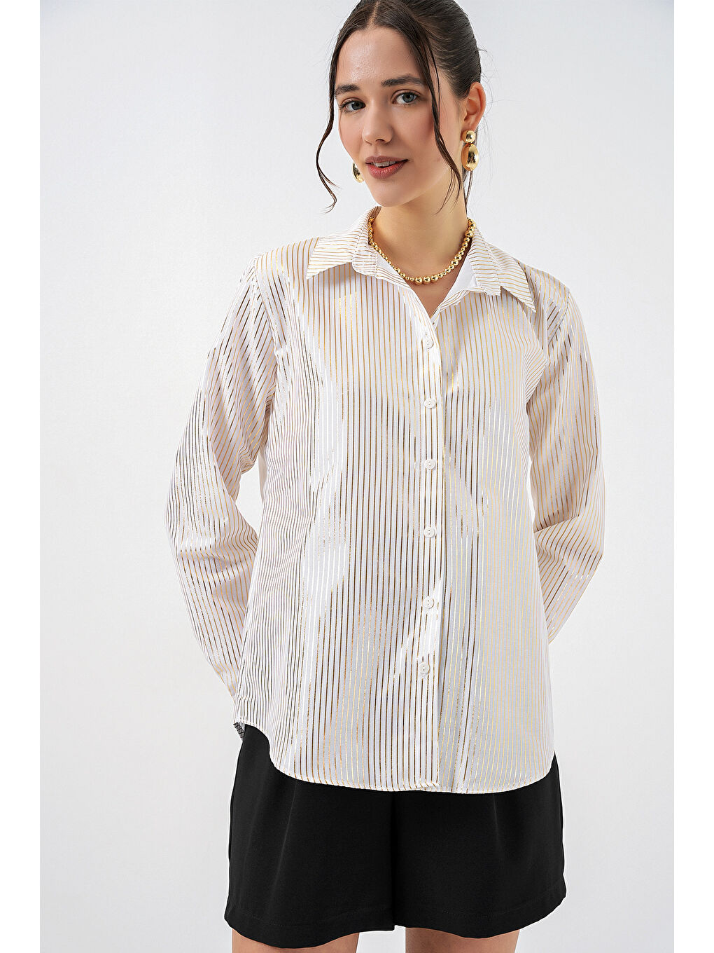 Sarı Kadın Varak Desenli Gömlek 20253 - Altın-2