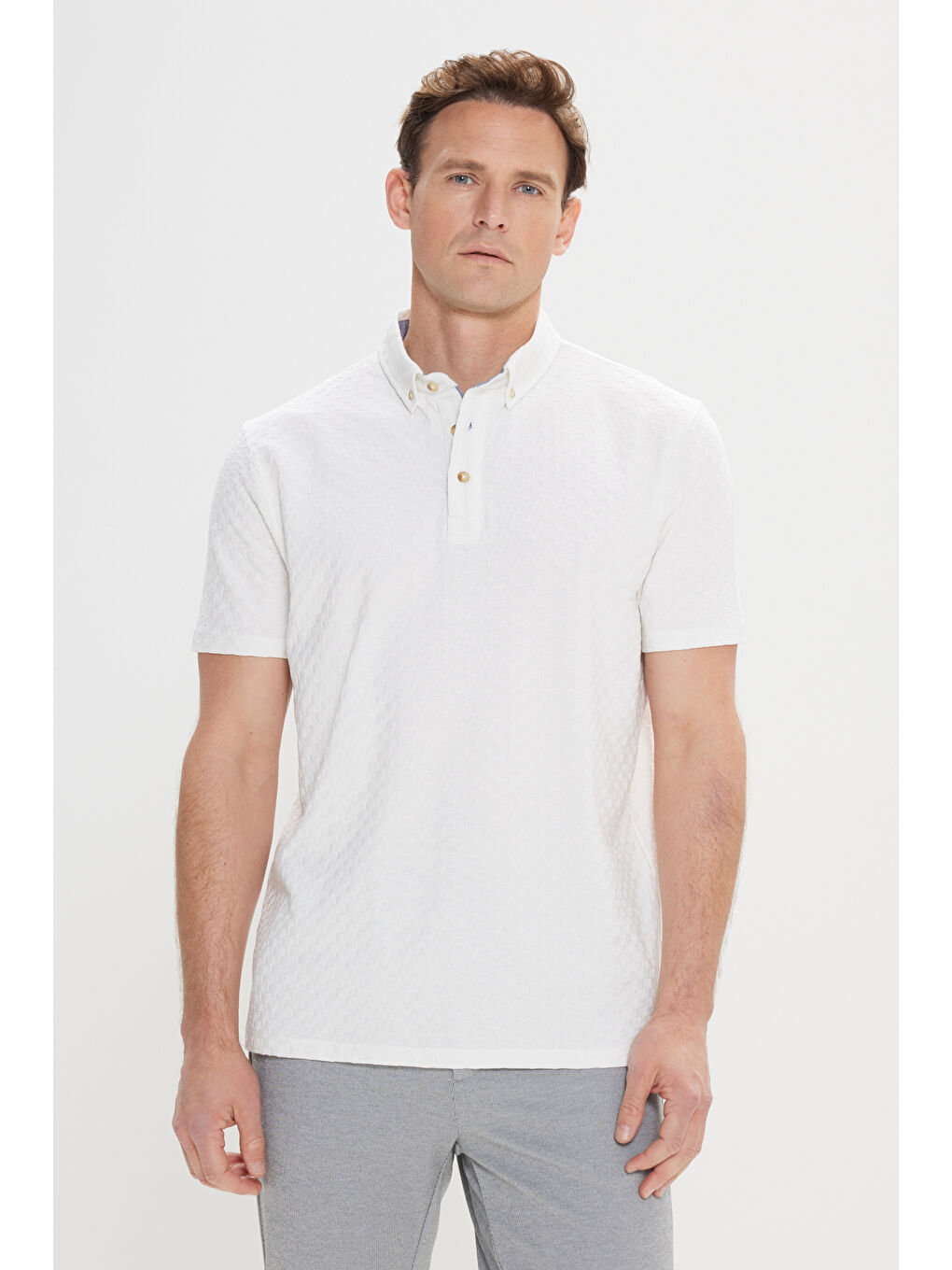 Erkek Beyaz Regular Fit %100 Pamuk Jakarlı Polo Yaka Tişört-2