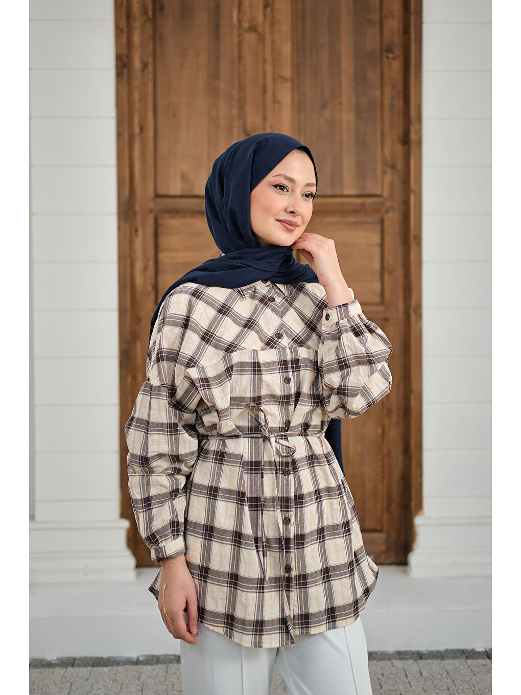 Kadın Ekose Desen Bel Bağlamalı Gömlek Siyah-1