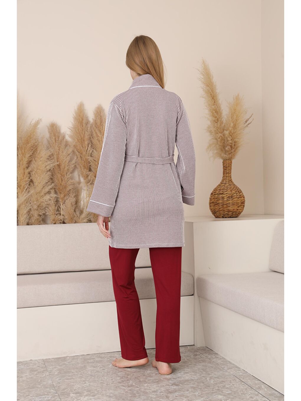 Bordo Çizgili Sabahlıklı Emzirmeye Uygun Hamile ve Lohusa Pijama Takımı-5