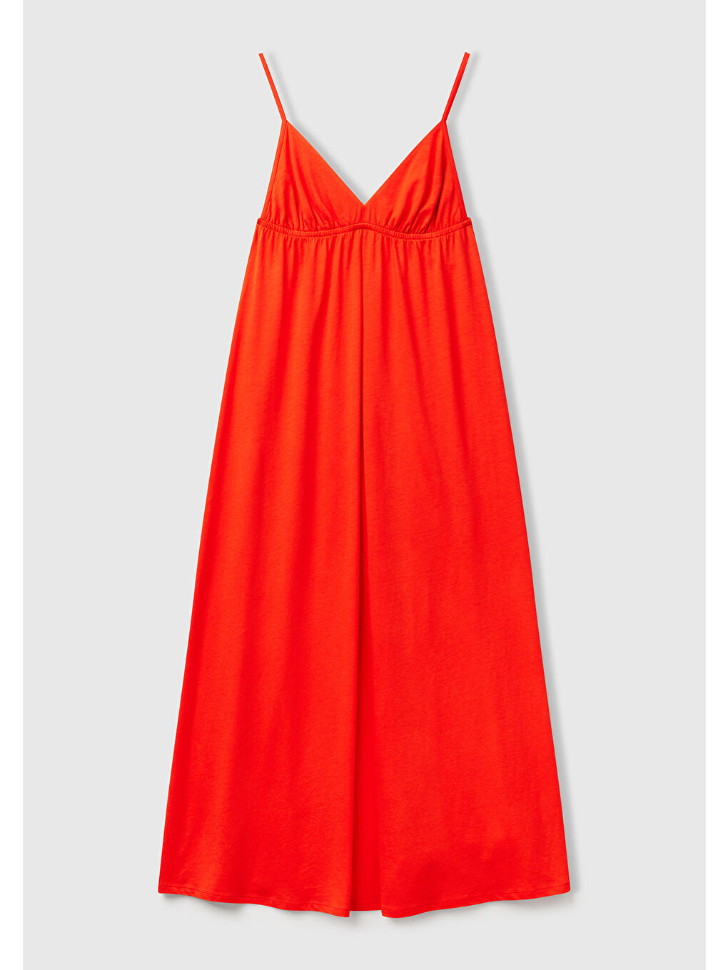 Kadın Turuncu Pamuk ve Viskoz Karışımlı Pileli Askılı V Yaka Uzun Elbise