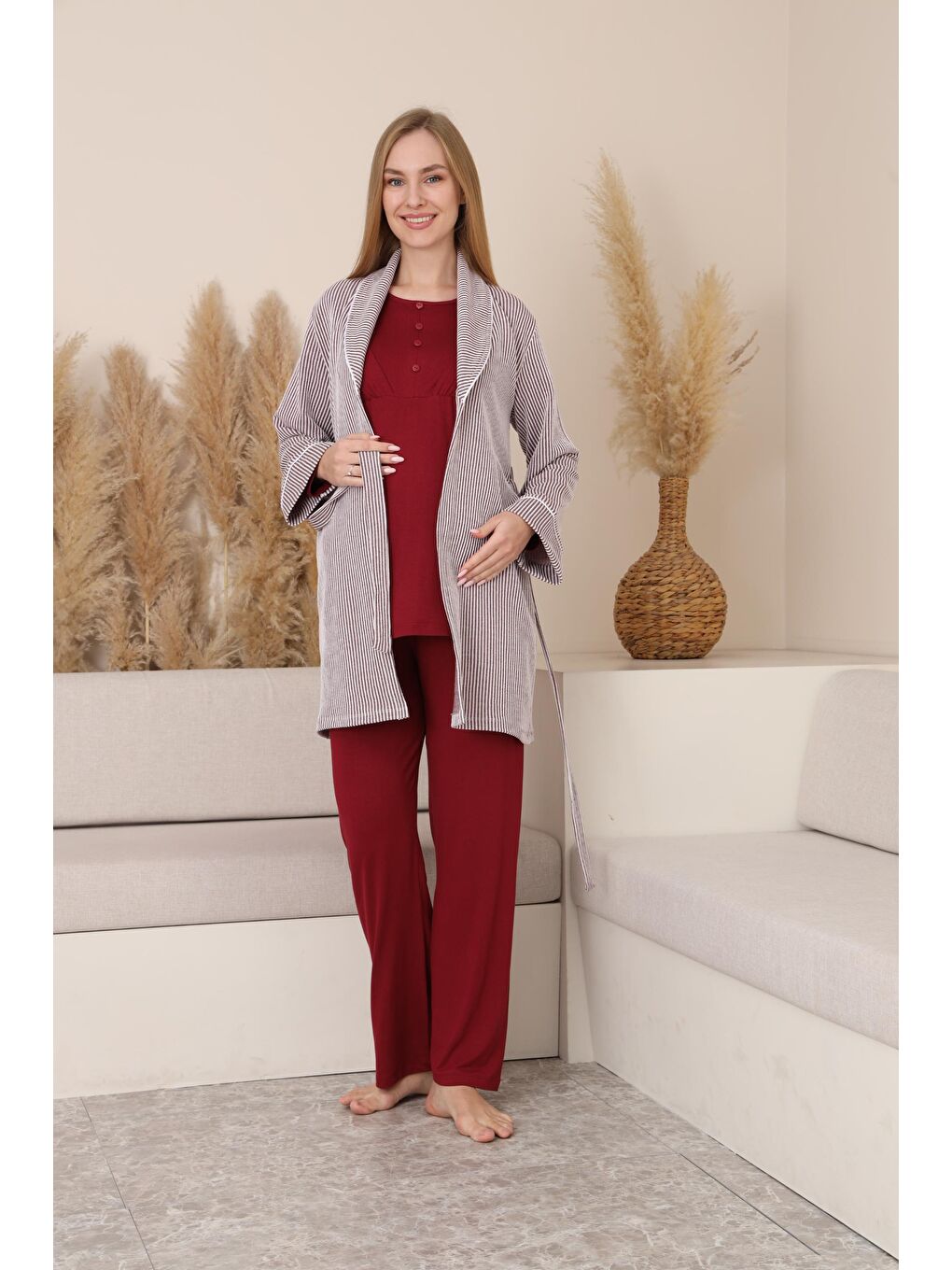 Bordo Çizgili Sabahlıklı Emzirmeye Uygun Hamile ve Lohusa Pijama Takımı-6